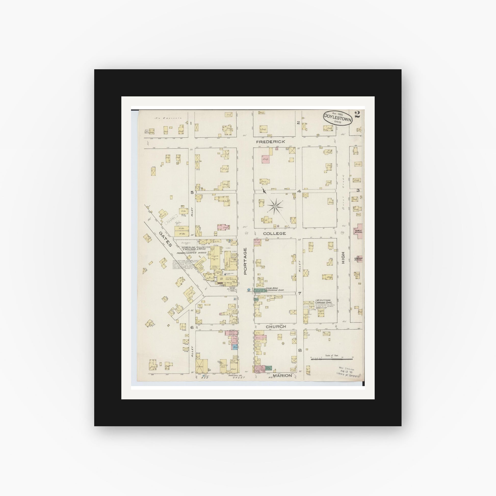 Old map wall art mockup — black gallery frame with white mat — Sanborn Fire Insurance Map from Doylestown, Wayne County, Ohio (1885), Sheet #0002