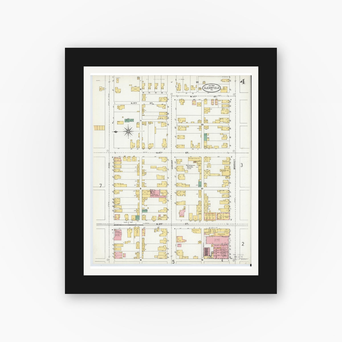 Old map wall art mockup — black gallery frame with white mat — Sanborn Fire Insurance Map from Clearfield, Clearfield County, Pennsylvania (1904), Sheet #0004