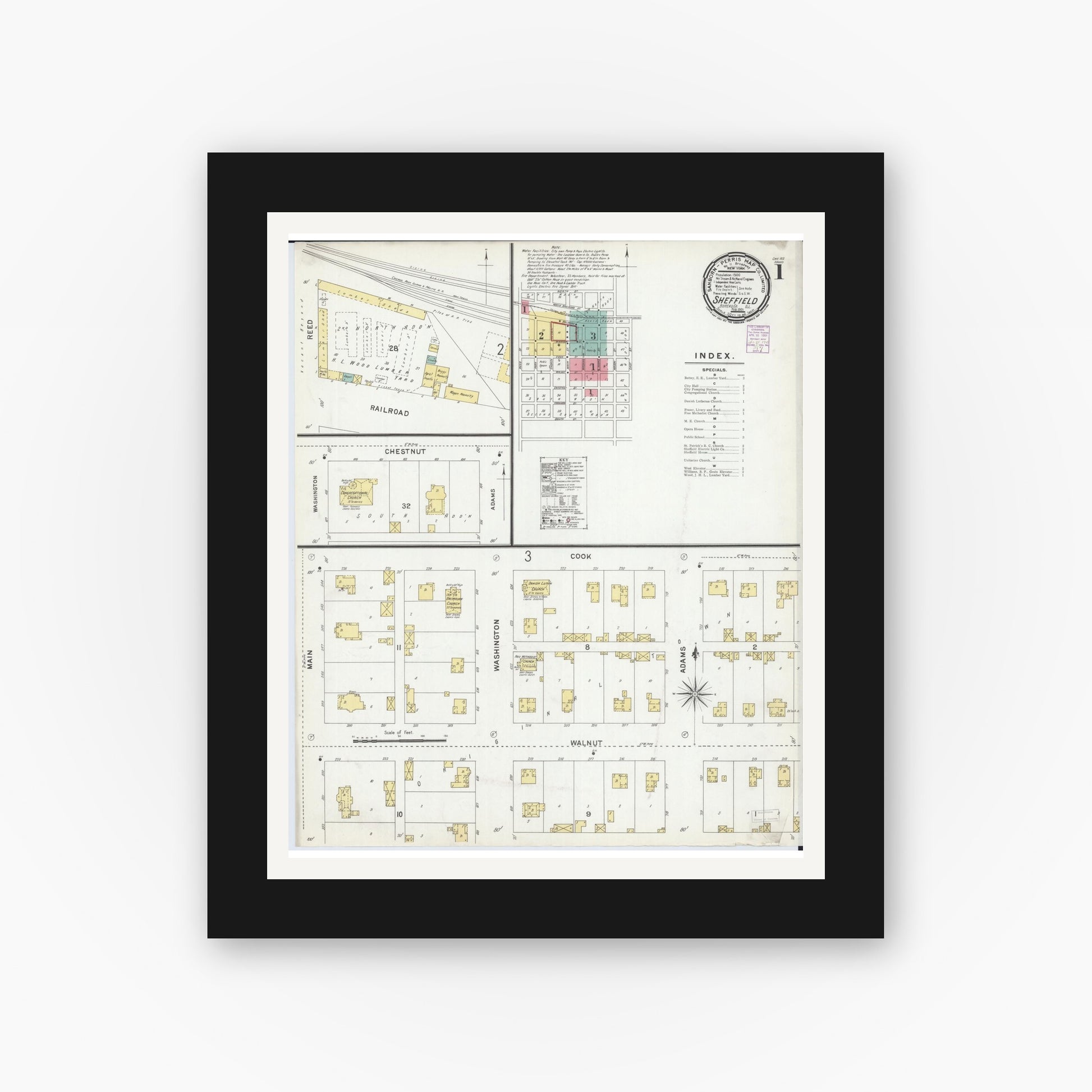 Old map wall art mockup — black gallery frame with white mat — Sanborn Fire Insurance Map from Sheffield, Bureau County, Illinois (1901) - Complete Map Set