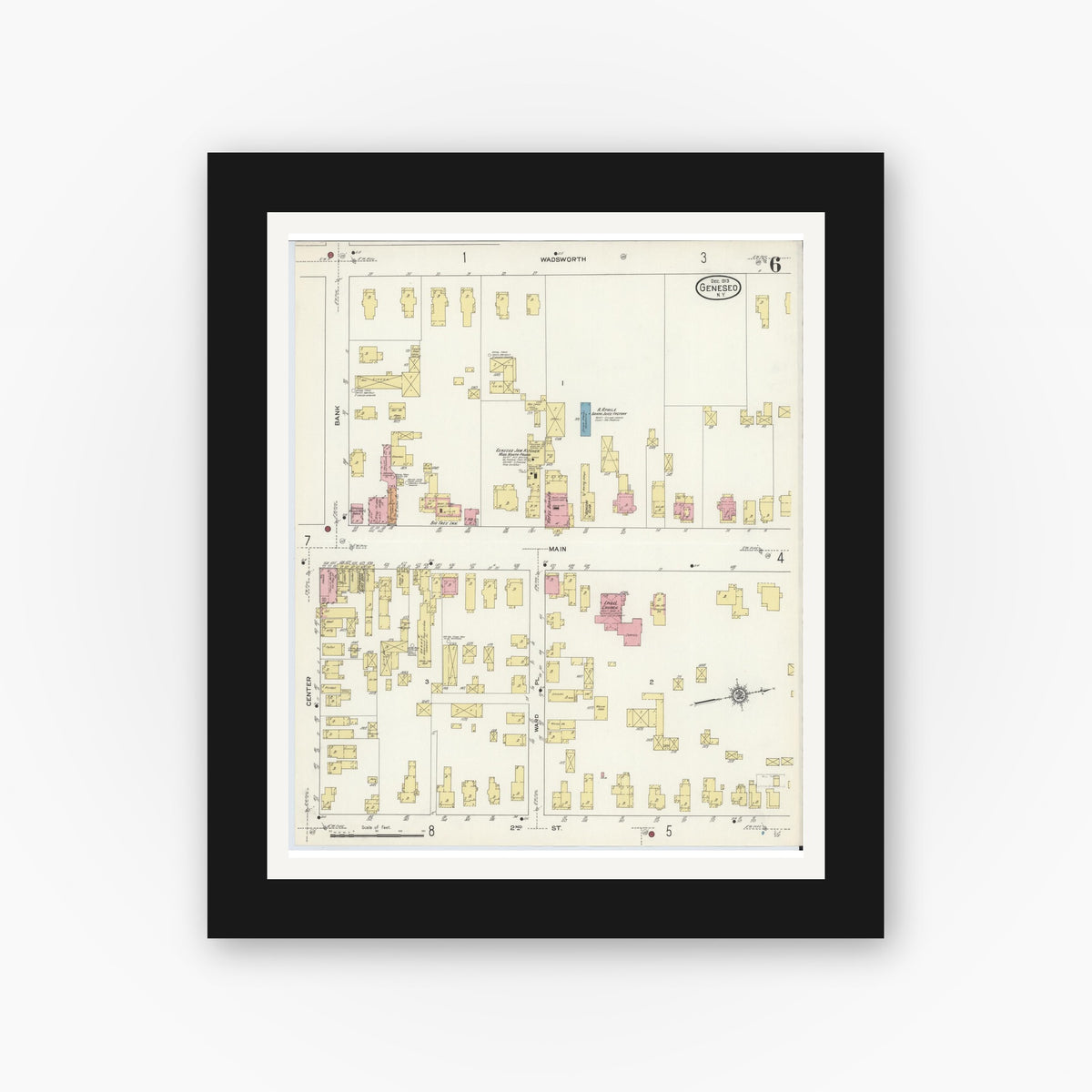 Old map wall art mockup — black gallery frame with white mat — Sanborn Fire Insurance Map from Geneseo, Livingston County, New York (1913), Sheet #0006