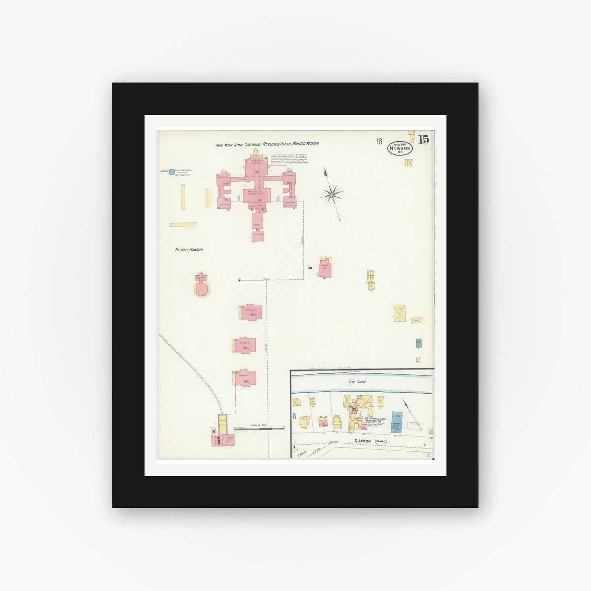 Old map wall art mockup — black gallery frame with white mat — Sanborn Fire Insurance Map from Newark, Wayne County, New York (1906), Sheet #0015