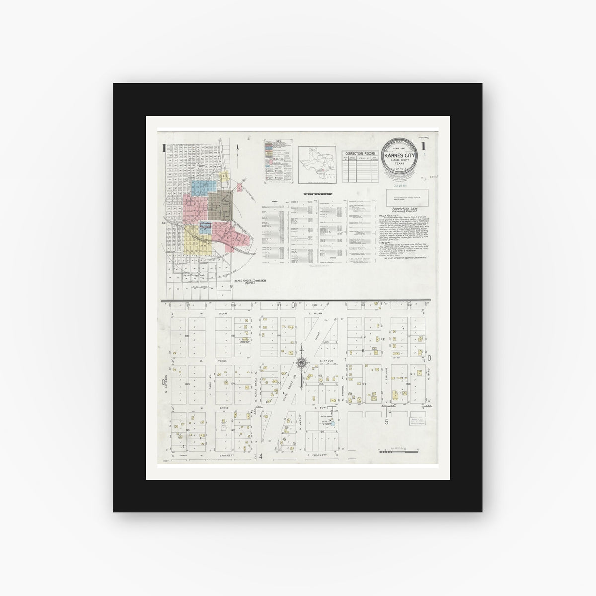 Old map wall art mockup — black gallery frame with white mat — Sanborn Fire Insurance Map from Karnes City, Karnes County, Texas (1951), Sheet #0001