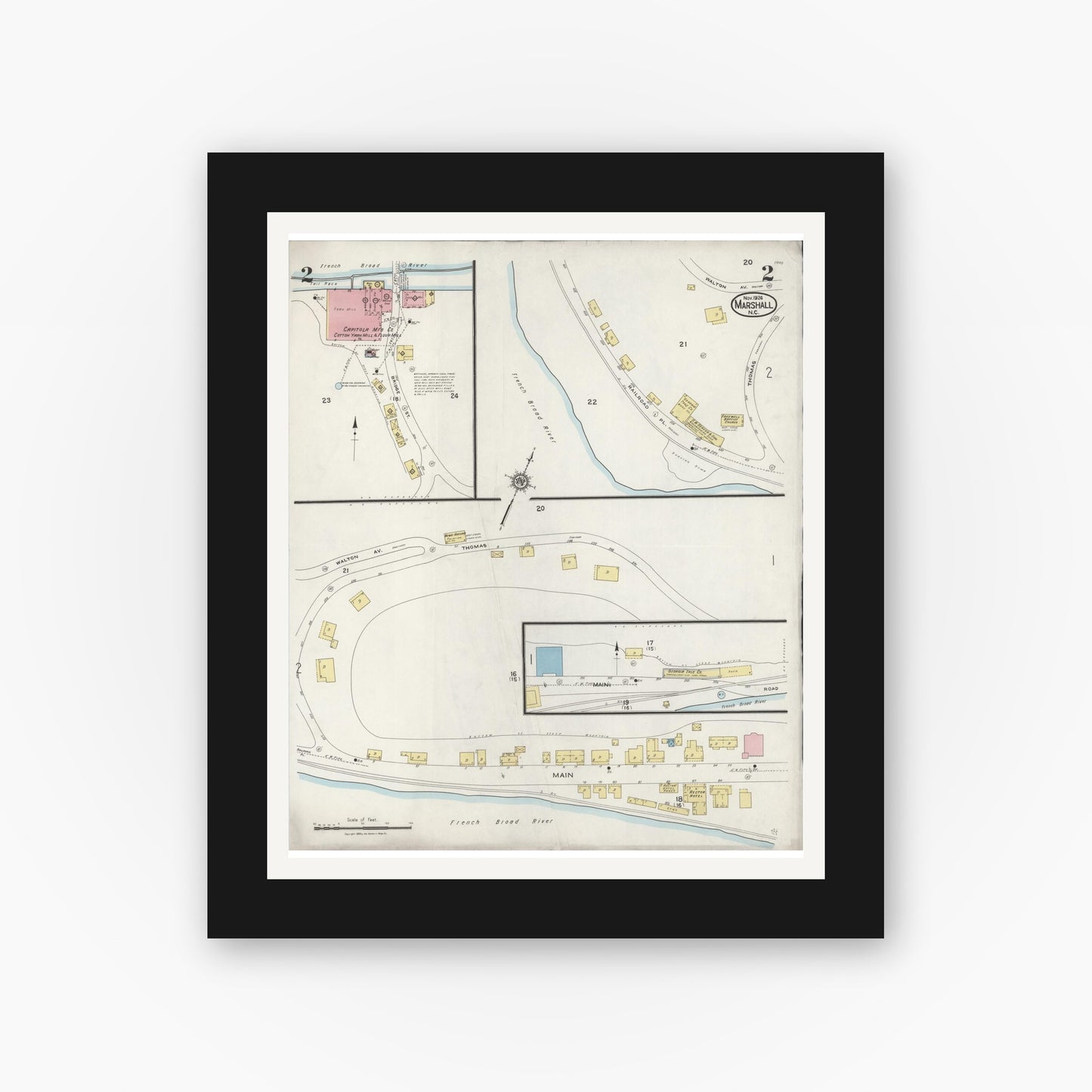 Old map wall art mockup — black gallery frame with white mat — Sanborn Fire Insurance Map from Marshall, Madison County, North Carolina (1924), Sheet #0002