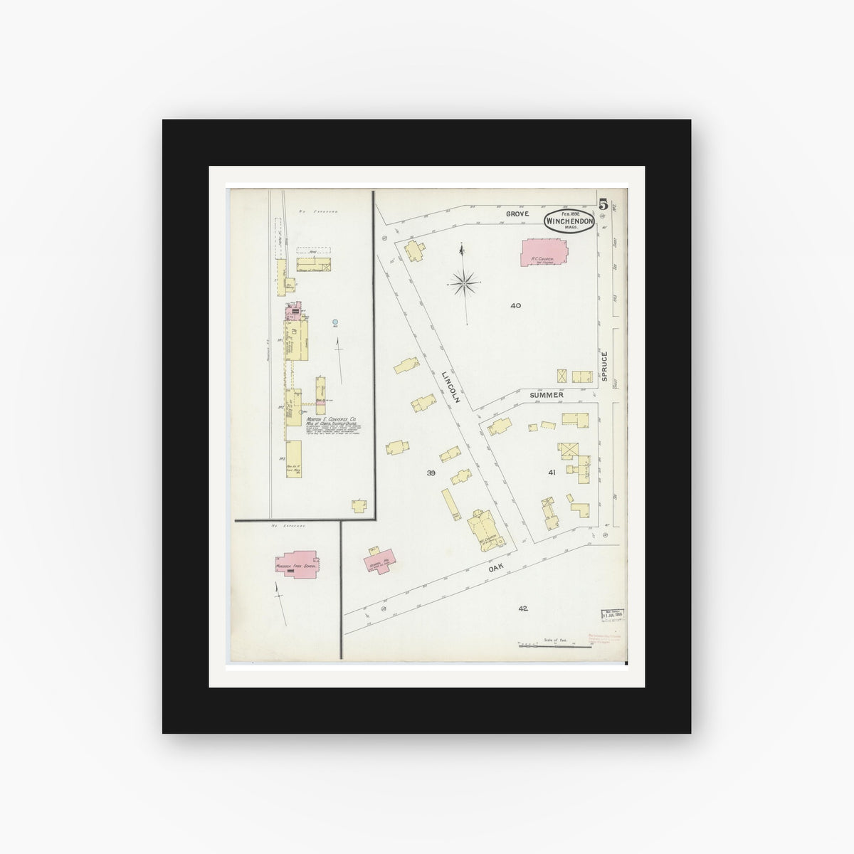 Old map wall art mockup — black gallery frame with white mat — Sanborn Fire Insurance Map from Winchendon, Worcester County, Massachusetts (1892), Sheet #0005