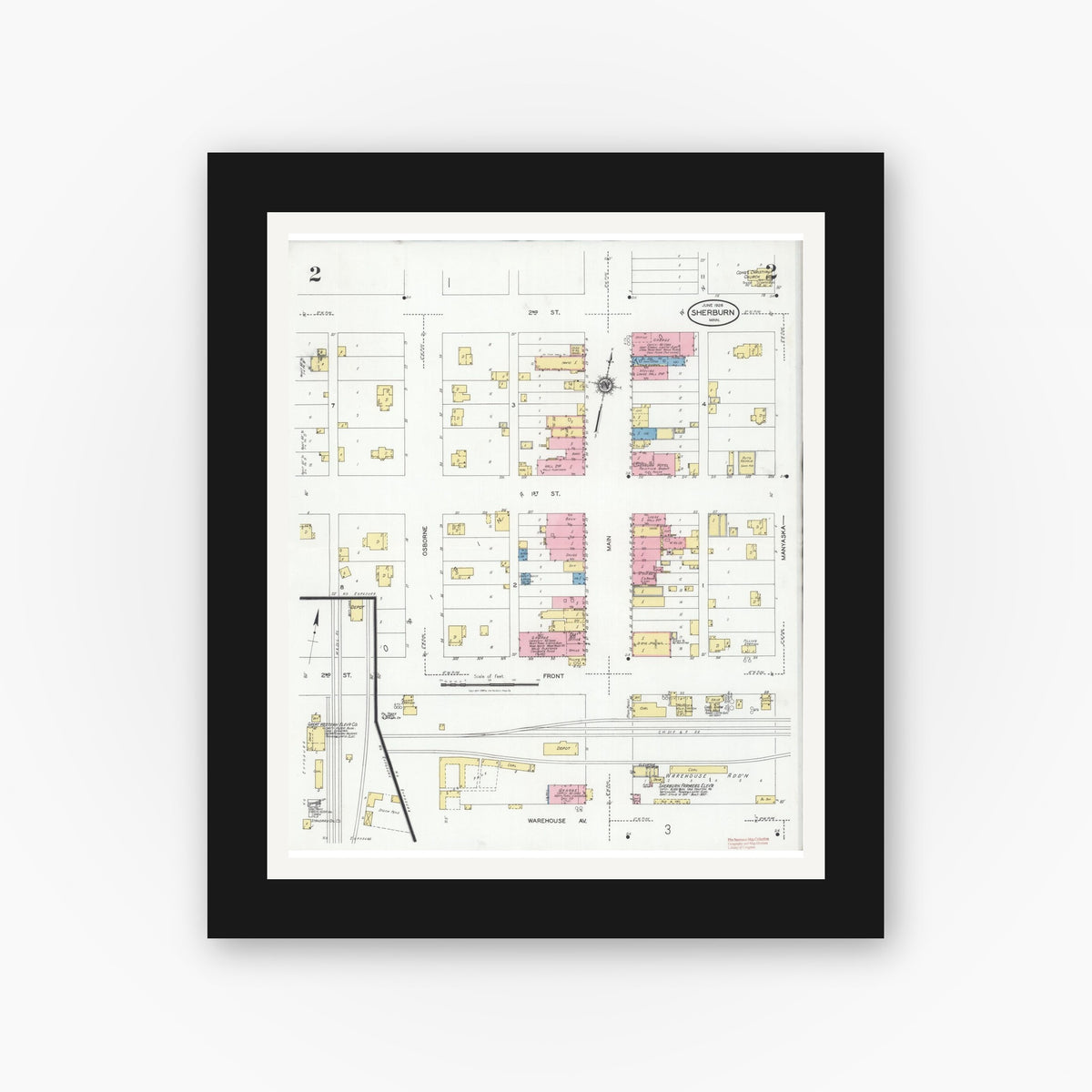 Old map wall art mockup — black gallery frame with white mat — Sanborn Fire Insurance Map from Sherburn, Martin County, Minnesota (1928), Sheet #0002