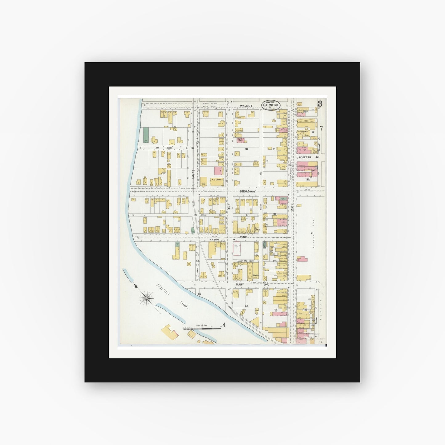 Old map wall art mockup — black gallery frame with white mat — Sanborn Fire Insurance Map from Carnegie, Allegheny County, Pennsylvania (1901), Sheet #0003