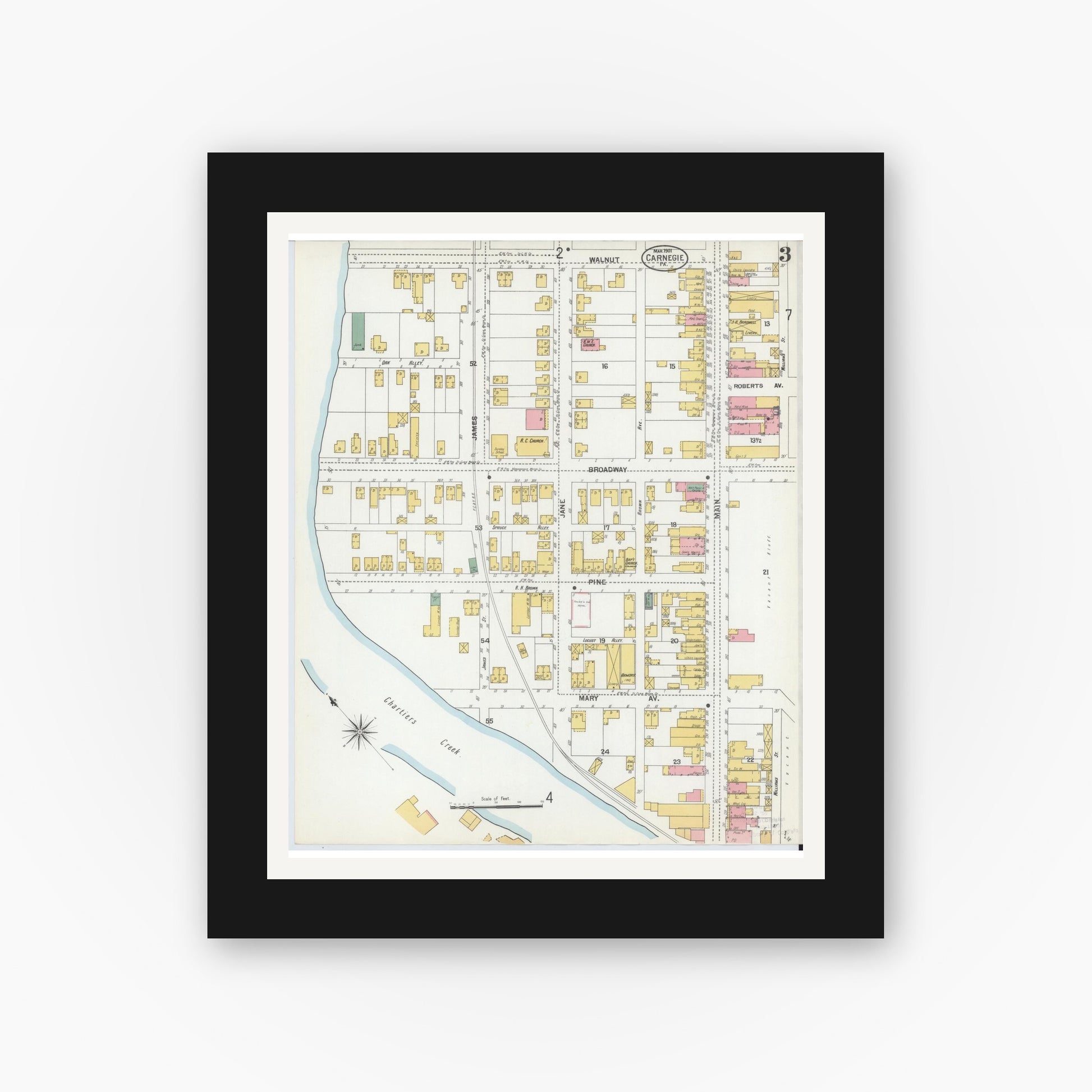 Old map wall art mockup — black gallery frame with white mat — Sanborn Fire Insurance Map from Carnegie, Allegheny County, Pennsylvania (1901), Sheet #0003