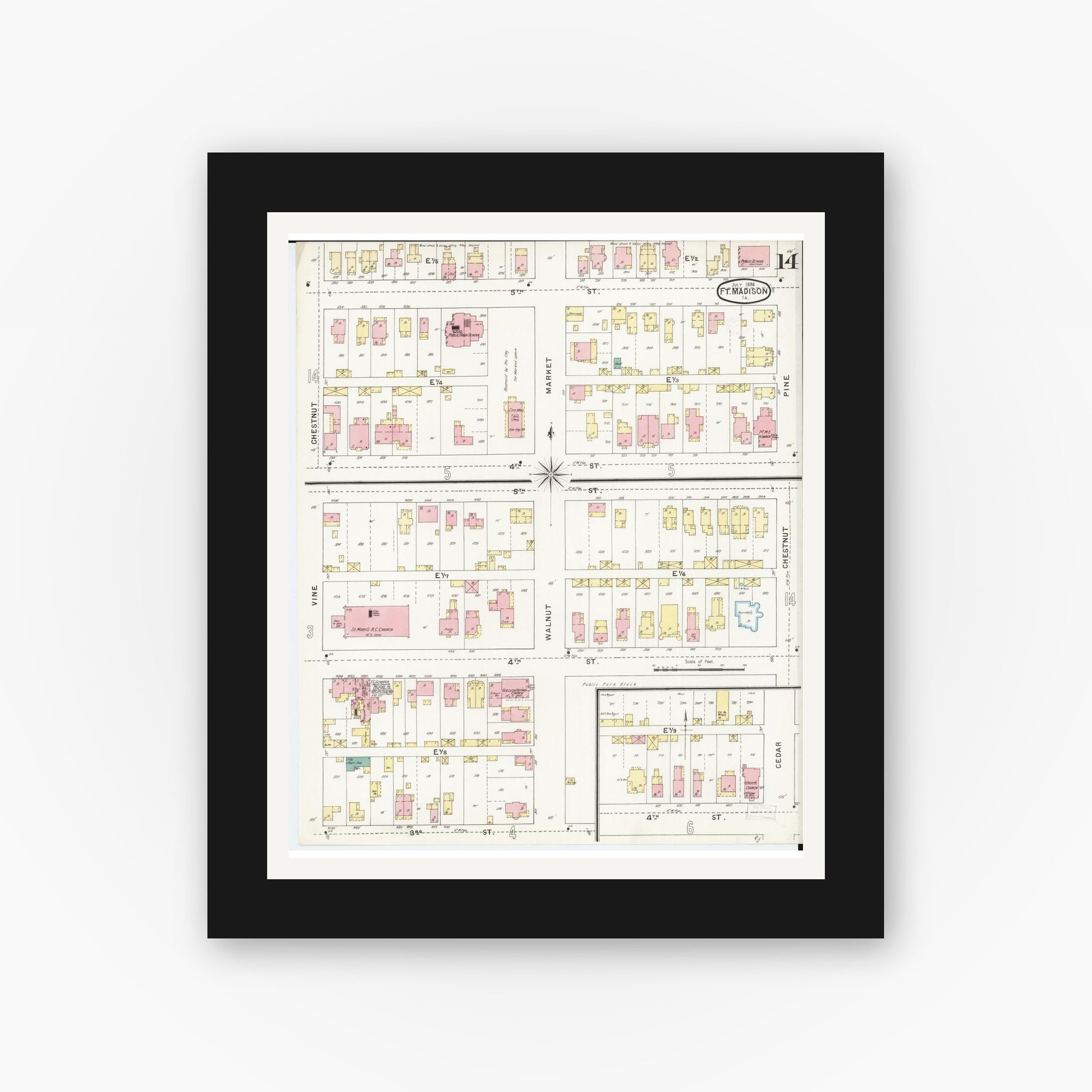 Old map wall art mockup — black gallery frame with white mat — Sanborn Fire Insurance Map from Fort Madison, Lee County, Iowa (1894), Sheet #0014
