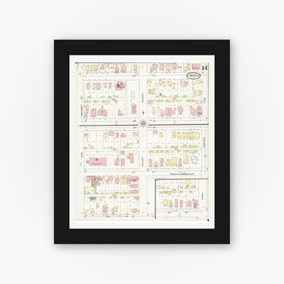 Old map wall art mockup — black gallery frame with white mat — Sanborn Fire Insurance Map from Fort Madison, Lee County, Iowa (1894), Sheet #0014