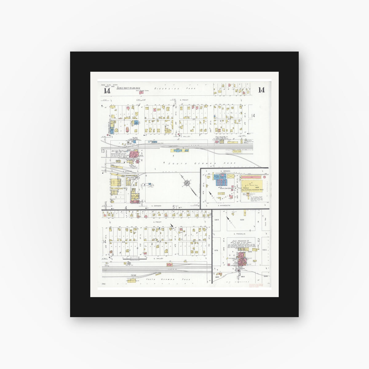 Old map wall art mockup — black gallery frame with white mat — Sanborn Fire Insurance Map from New Ulm, Brown County, Minnesota (1935), Sheet #0014