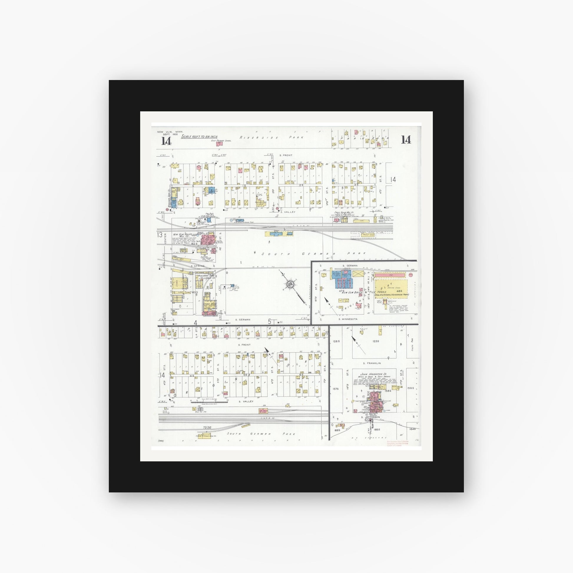 Old map wall art mockup — black gallery frame with white mat — Sanborn Fire Insurance Map from New Ulm, Brown County, Minnesota (1935), Sheet #0014