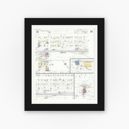 Old map wall art mockup — black gallery frame with white mat — Sanborn Fire Insurance Map from New Ulm, Brown County, Minnesota (1935), Sheet #0014