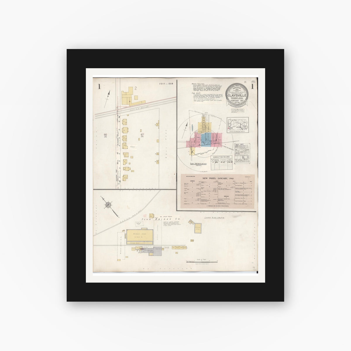 Old map wall art mockup — black gallery frame with white mat — Sanborn Fire Insurance Map from Claysville, Washington County, Pennsylvania (1943) - Complete Map Set