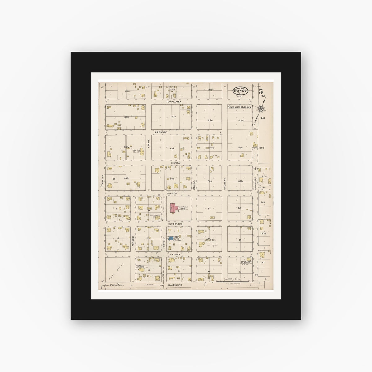 Old map wall art mockup — black gallery frame with white mat — Sanborn Fire Insurance Map from Runge, Karnes County, Texas (1922), Sheet #0005