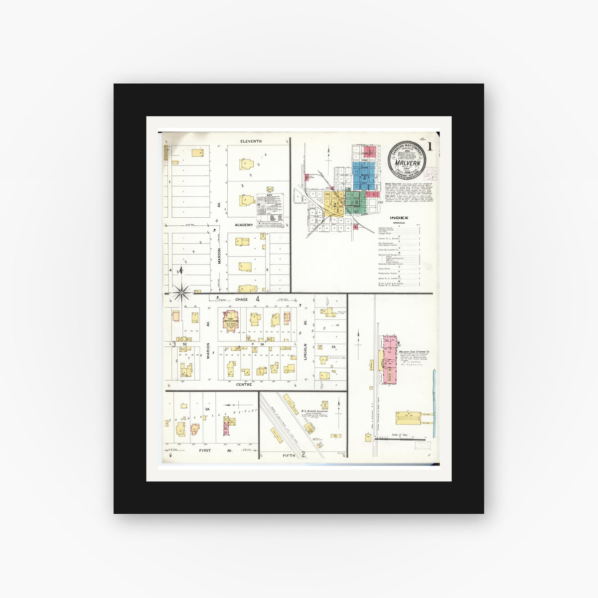 Old map wall art mockup — black gallery frame with white mat — Sanborn Fire Insurance Map from Malvern, Mills County, Iowa (1908) â€” Complete Set