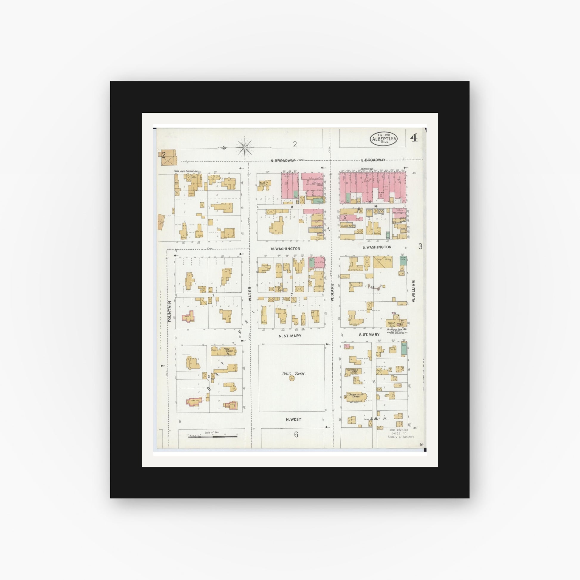 Old map wall art mockup — black gallery frame with white mat — Sanborn Fire Insurance Map from Albert Lea, Freeborn County, Minnesota (1899), Sheet #0004