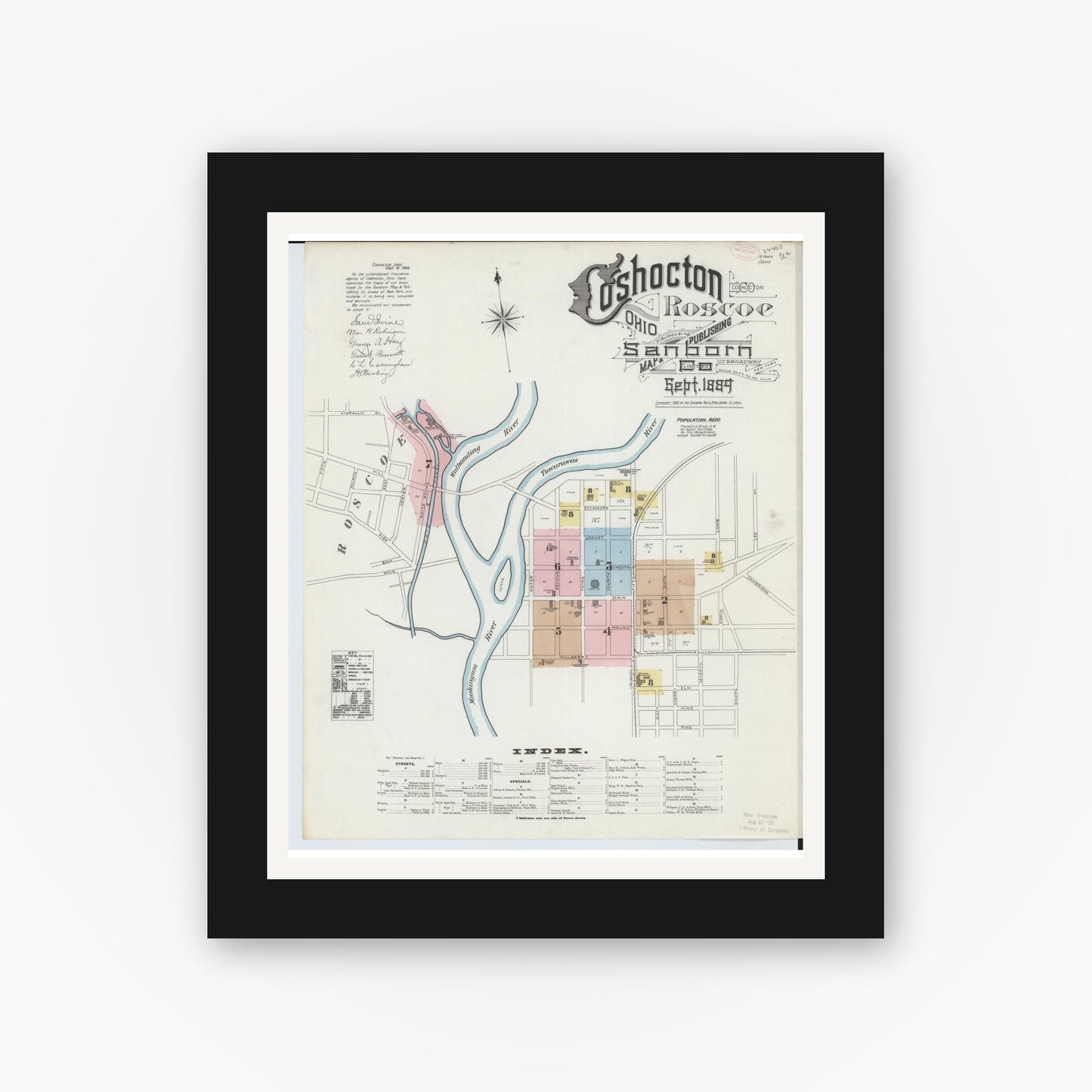 Old map wall art mockup — black gallery frame with white mat — Sanborn Fire Insurance Map from Coshocton, Coshocton County, Ohio (1889), Sheet #0001