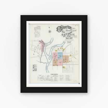 Old map wall art mockup — black gallery frame with white mat — Sanborn Fire Insurance Map from Coshocton, Coshocton County, Ohio (1889), Sheet #0001