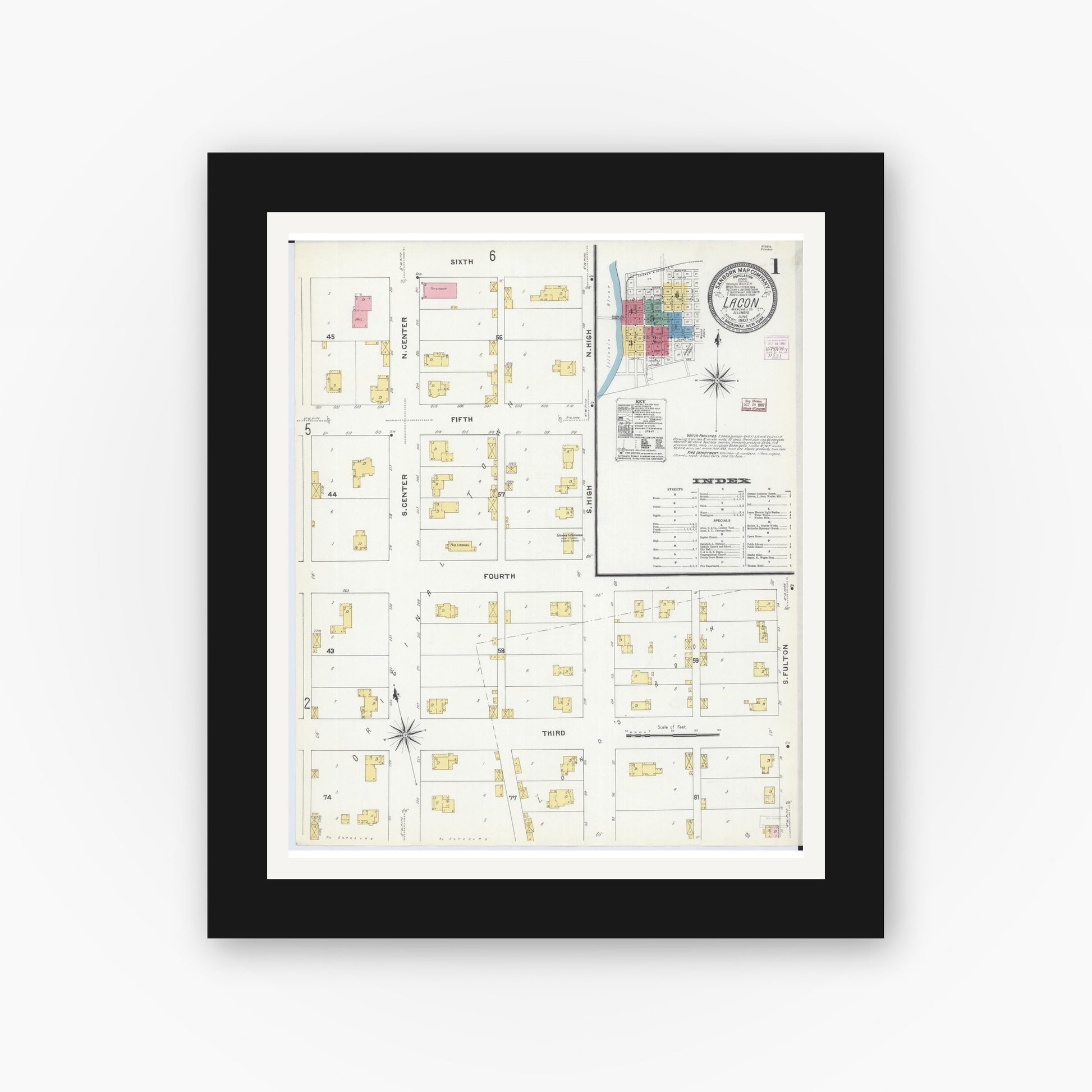 Old map wall art mockup — black gallery frame with white mat — Sanborn Fire Insurance Map from Lacon, Marshall County, Illinois (1907), Sheet #0001