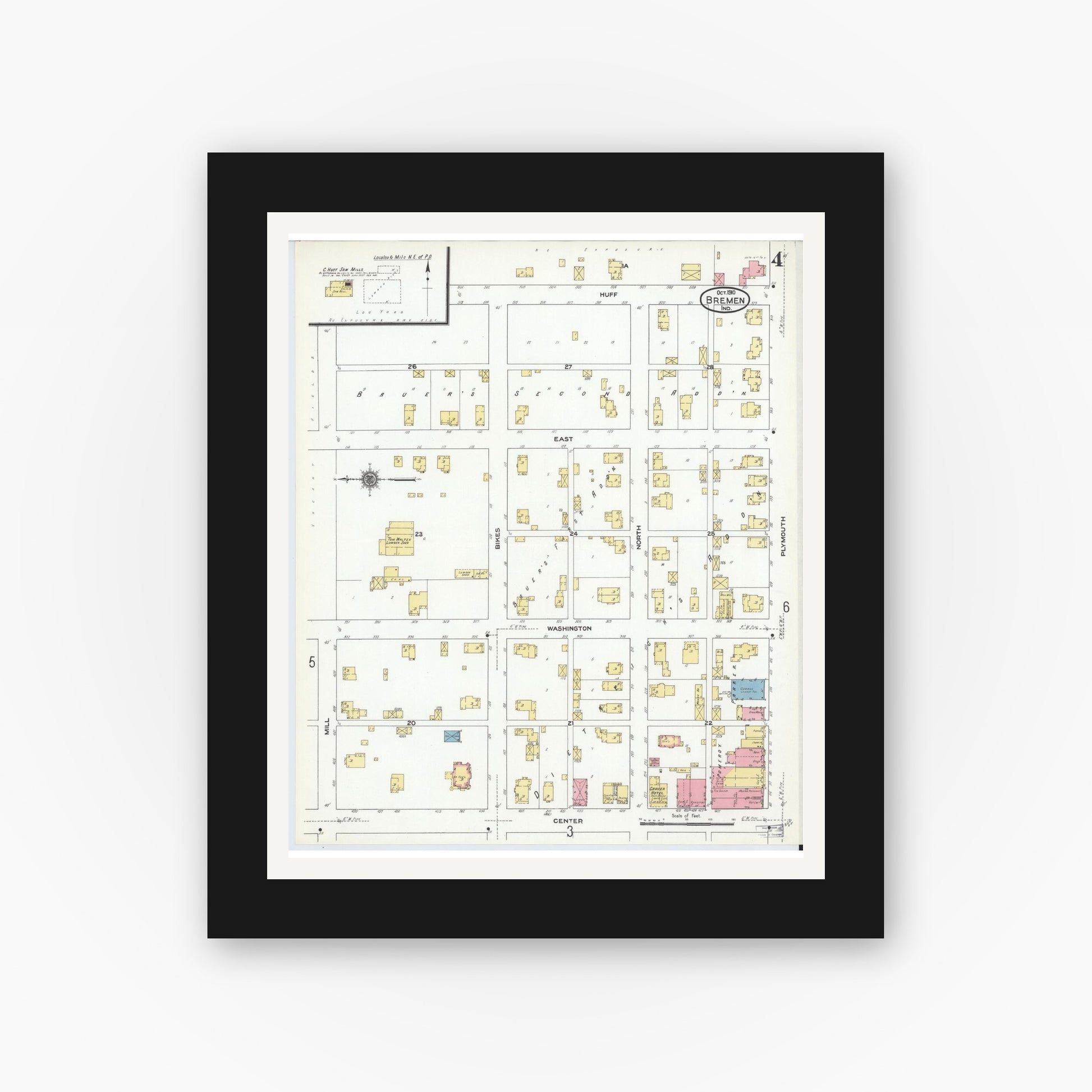 Old map wall art mockup — black gallery frame with white mat — Sanborn Fire Insurance Map from Bremen, Marshall County, Indiana (1910), Sheet #0004