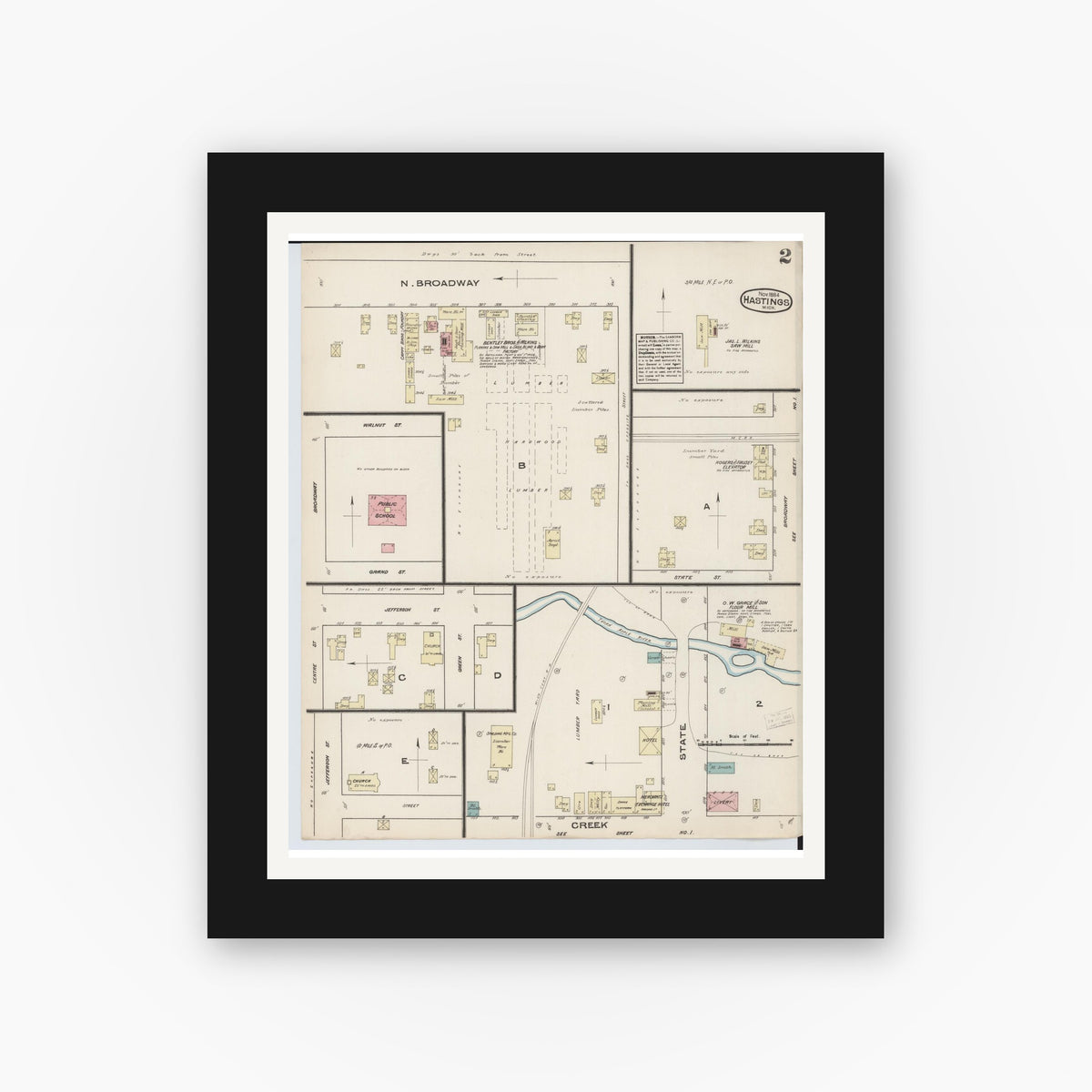 Old map wall art mockup — black gallery frame with white mat — Sanborn Fire Insurance Map from Hastings, Barry County, Michigan (1884), Sheet #0002