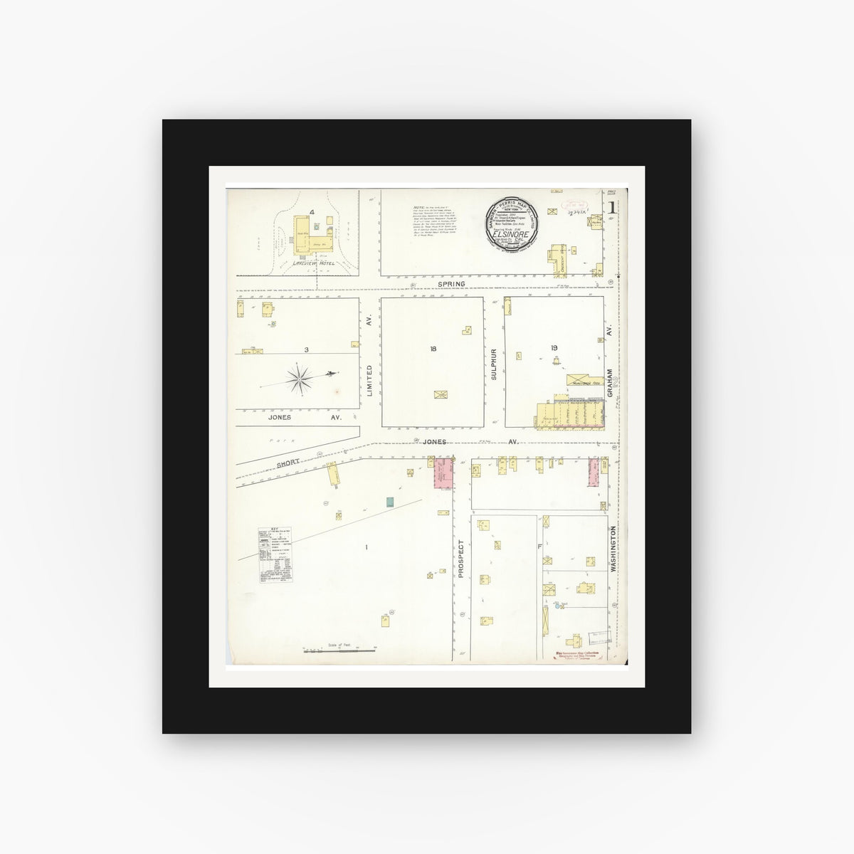 Old map wall art mockup — black gallery frame with white mat — Sanborn Fire Insurance Map from Elsinore, Riverside County, California (1892), Sheet #0001