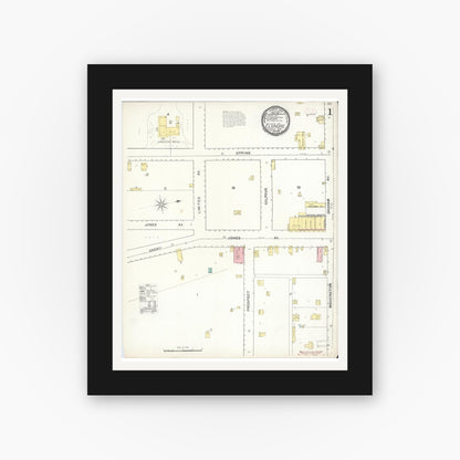 Old map wall art mockup — black gallery frame with white mat — Sanborn Fire Insurance Map from Elsinore, Riverside County, California (1892), Sheet #0001
