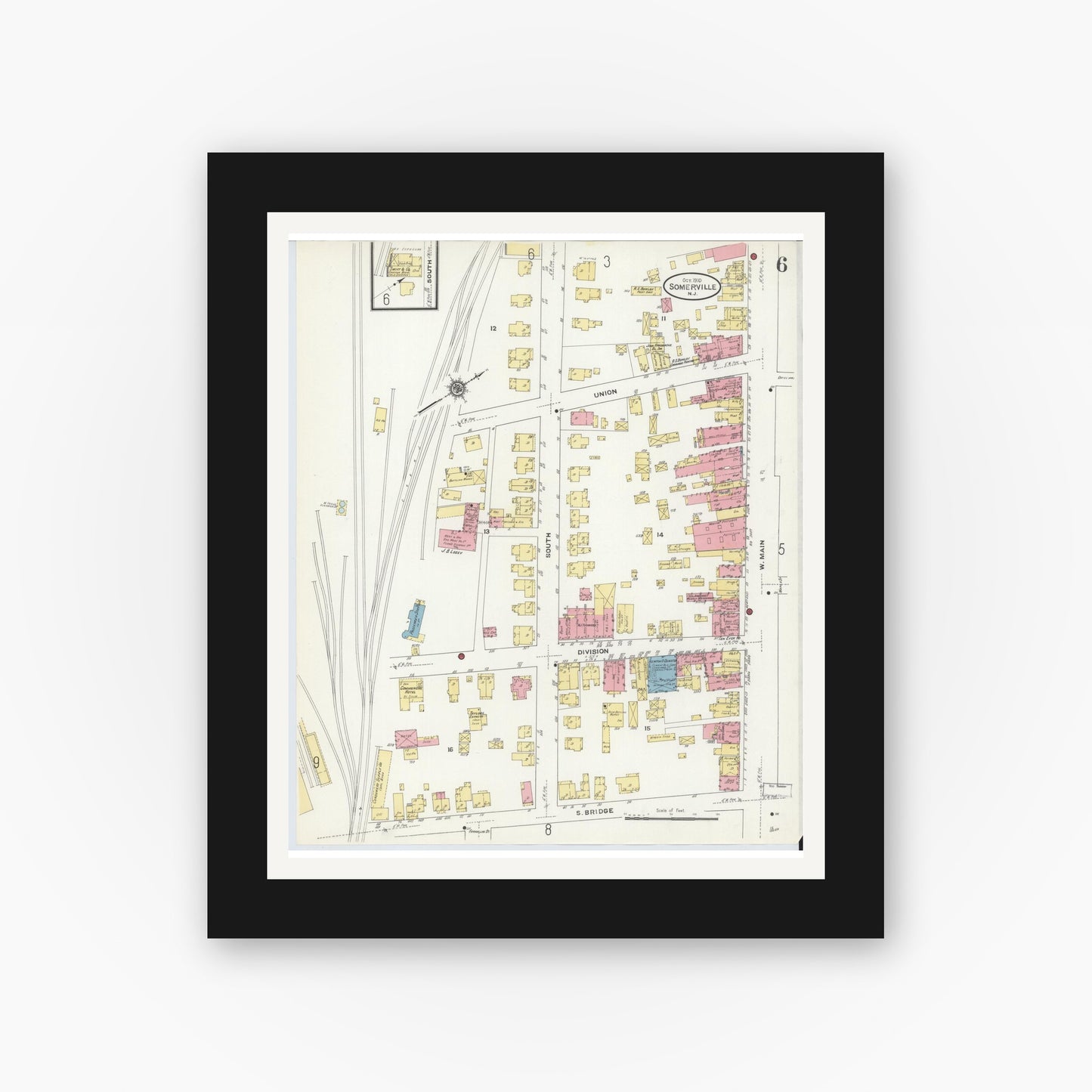 Old map wall art mockup — black gallery frame with white mat — Sanborn Fire Insurance Map from Somerville, Somerset County, New Jersey (1910), Sheet #0006
