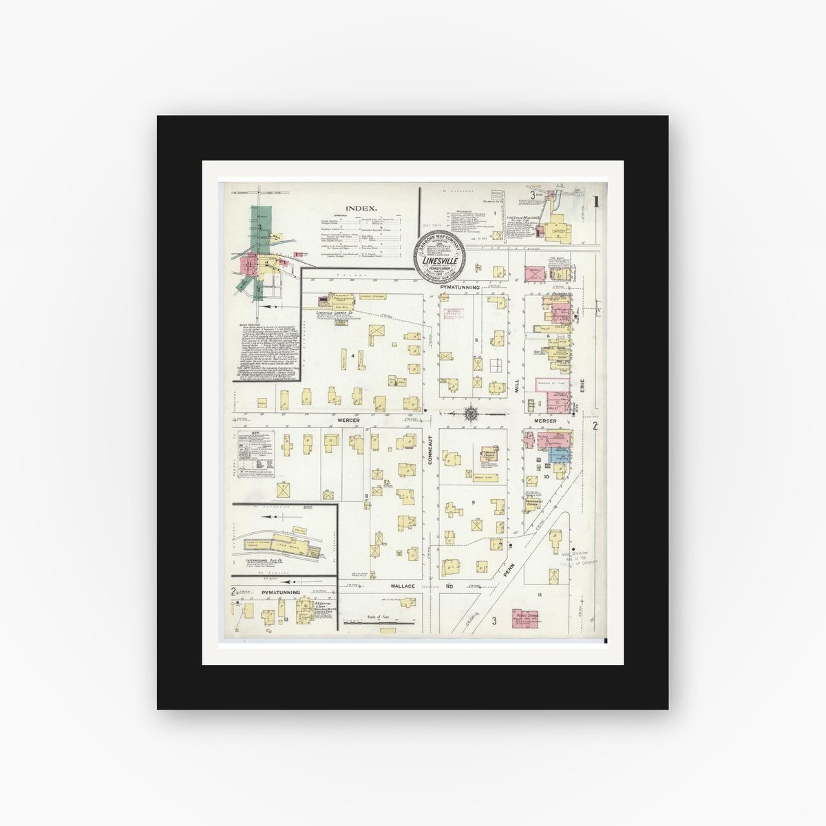 Old map wall art mockup — black gallery frame with white mat — Sanborn Fire Insurance Map from Linesville, Crawford County, Pennsylvania (1911) - Complete Map Set