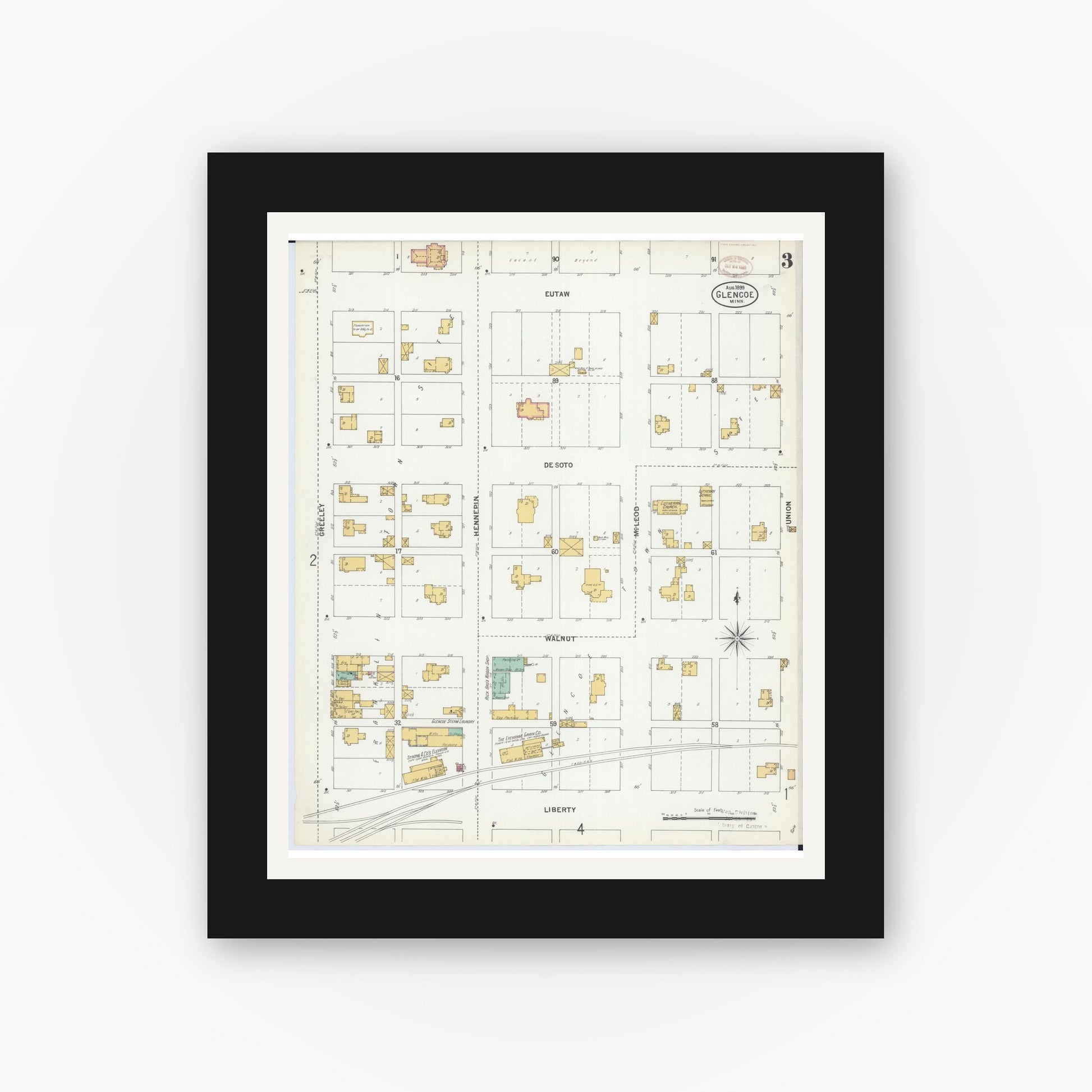 Old map wall art mockup — black gallery frame with white mat — Sanborn Fire Insurance Map from Glencoe, Mcleod County, Minnesota (1899), Sheet #0003
