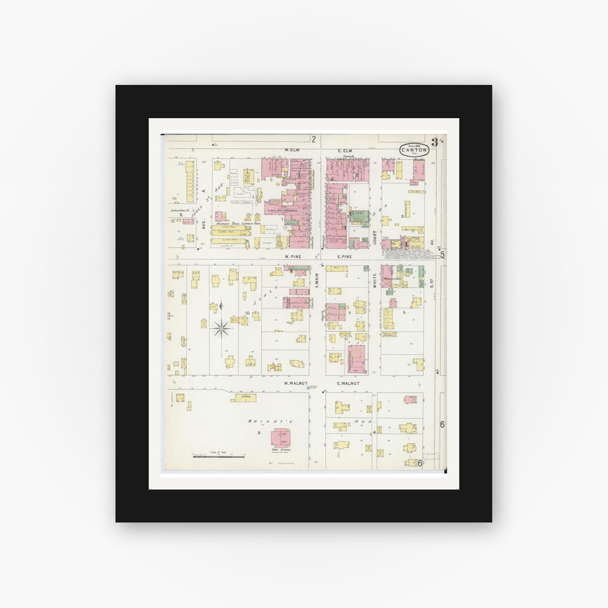 Old map wall art mockup — black gallery frame with white mat — Sanborn Fire Insurance Map from Canton, Fulton County, Illinois (1896), Sheet #0003