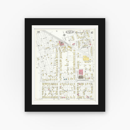 Old map wall art mockup — black gallery frame with white mat — Sanborn Fire Insurance Map from New Philadelphia, Tuscarawas County, Ohio (1926), Sheet #0017