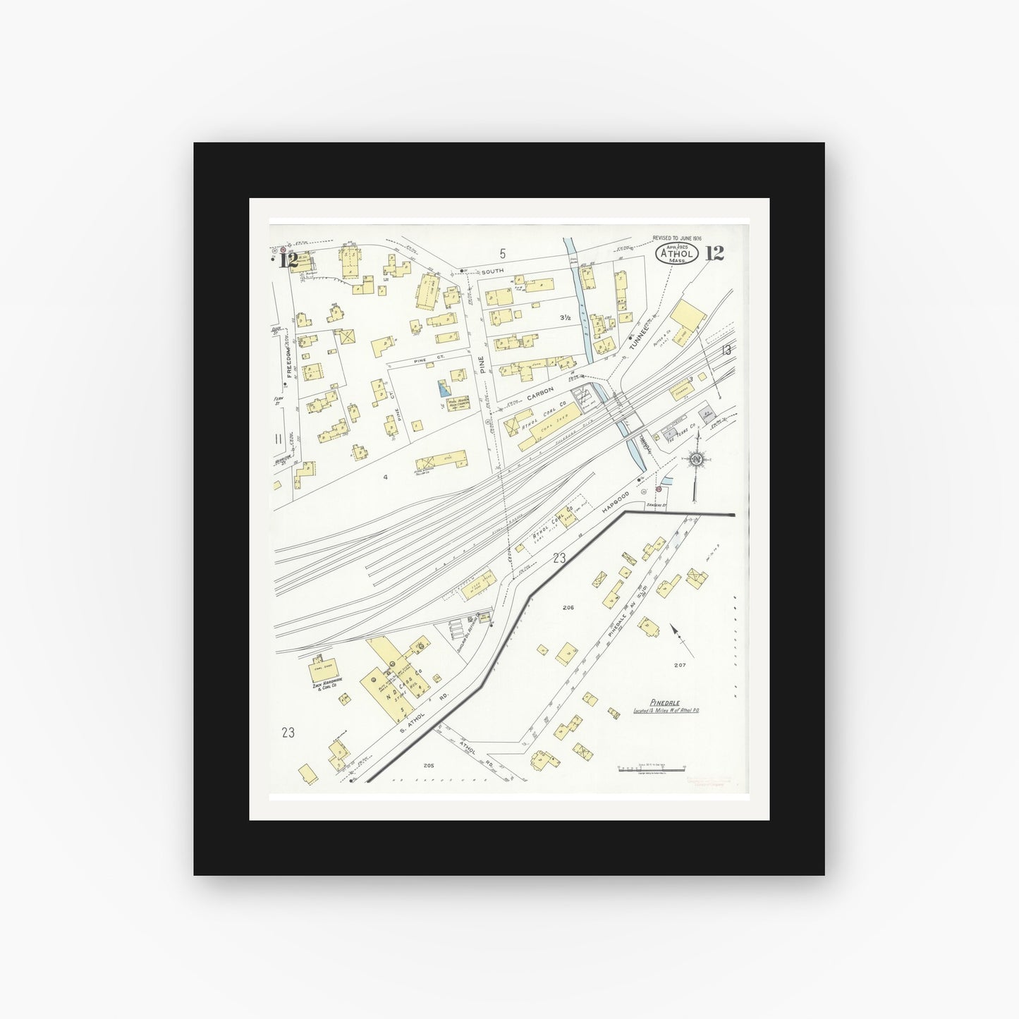 Old map wall art mockup — black gallery frame with white mat — Sanborn Fire Insurance Map from Athol, Worcester County, Massachusetts (1936), Sheet #0012