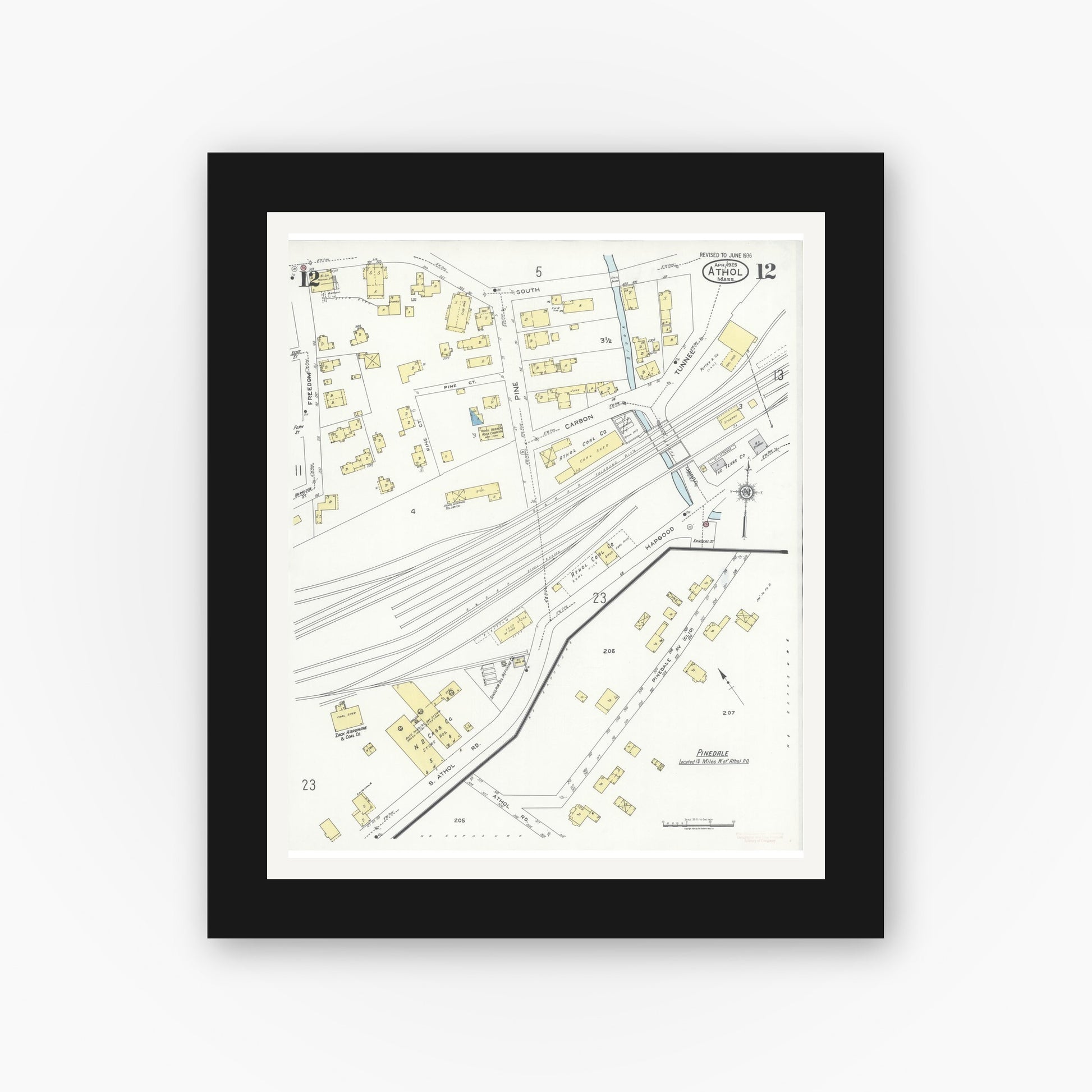 Old map wall art mockup — black gallery frame with white mat — Sanborn Fire Insurance Map from Athol, Worcester County, Massachusetts (1936), Sheet #0012