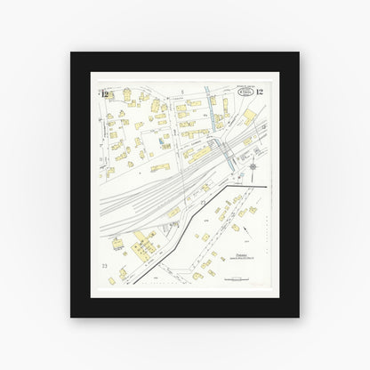 Old map wall art mockup — black gallery frame with white mat — Sanborn Fire Insurance Map from Athol, Worcester County, Massachusetts (1936), Sheet #0012