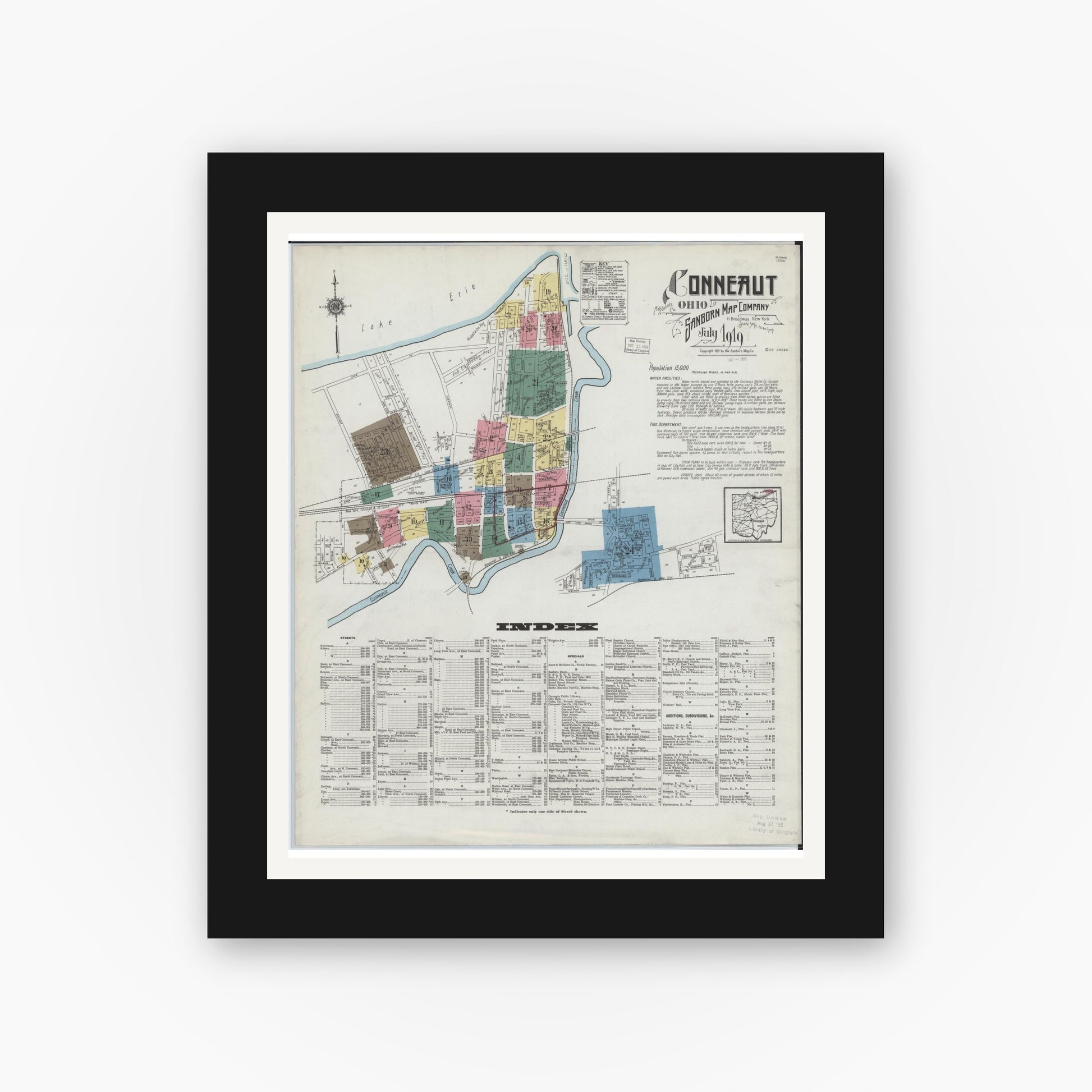 Old map wall art mockup — black gallery frame with white mat — Sanborn Fire Insurance Map from Conneaut, Ashtabula County, Ohio (1919) - Complete Map Set