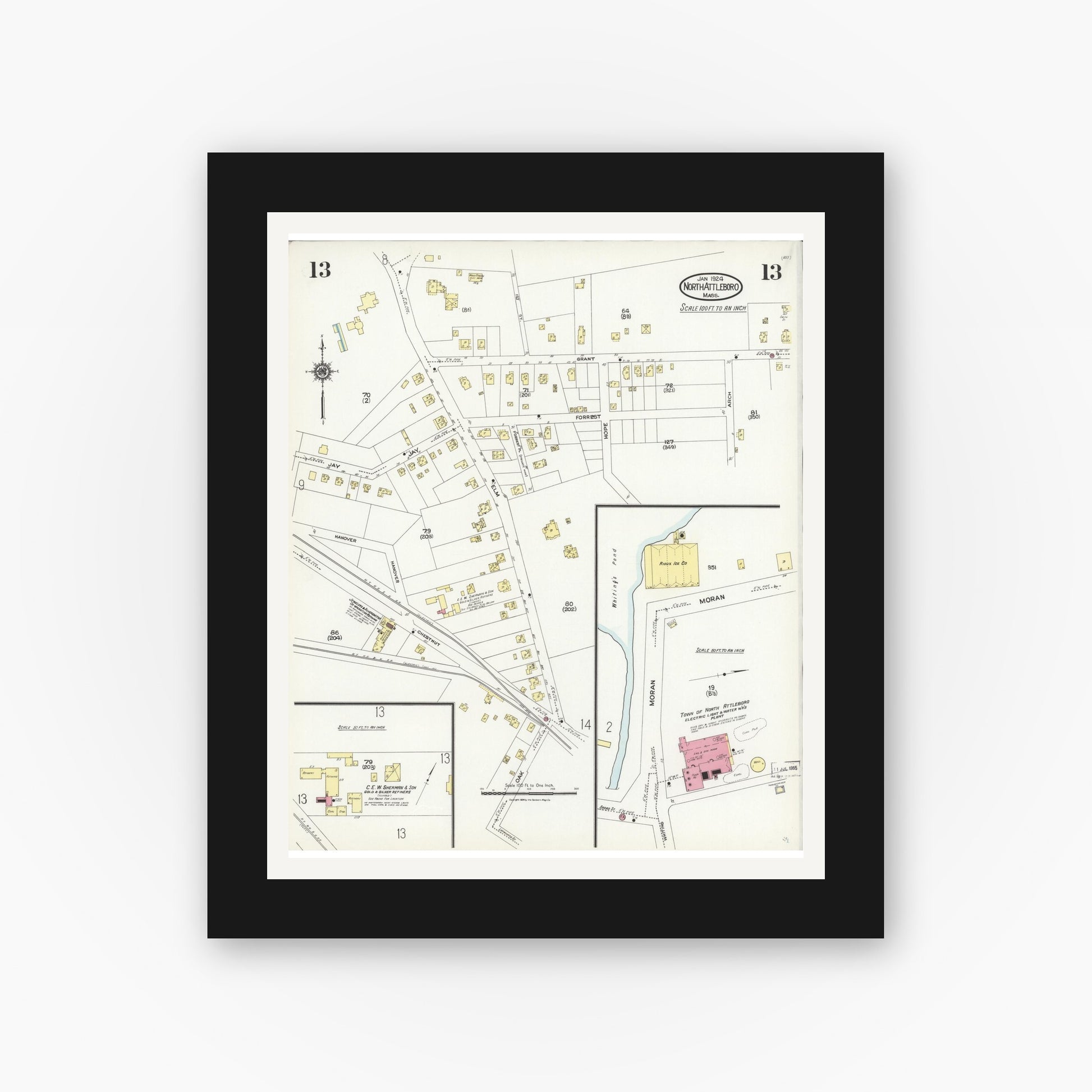 Old map wall art mockup — black gallery frame with white mat — Sanborn Fire Insurance Map from North Attleborough, Bristol County, Massachusetts (1924), Sheet #0013