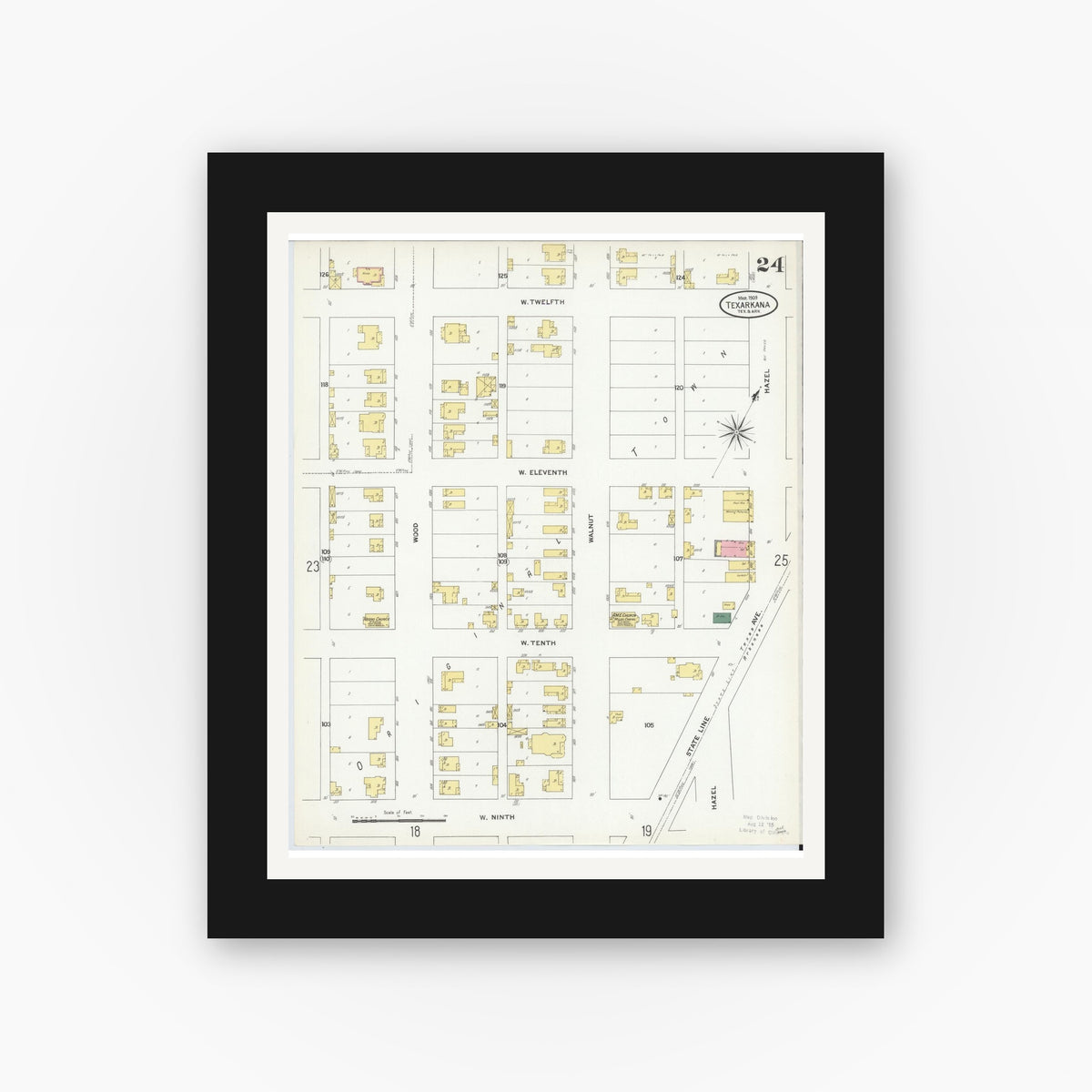Old map wall art mockup — black gallery frame with white mat — Sanborn Fire Insurance Map from Texarkana, Bowie County, Texas (1909), Sheet #0024