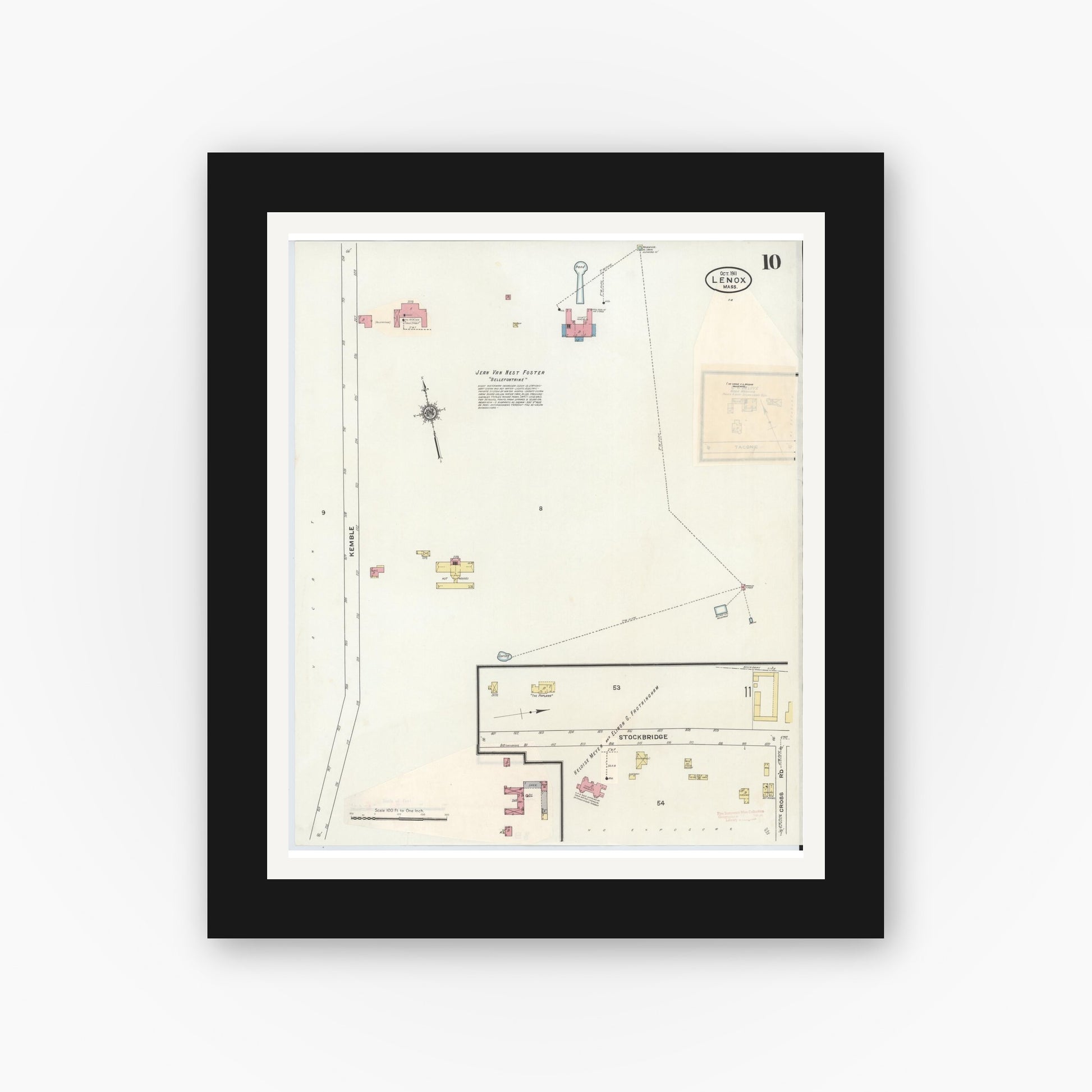 Old map wall art mockup — black gallery frame with white mat — Sanborn Fire Insurance Map from Lenox, Berkshire County, Massachusetts (1939), Sheet #0010