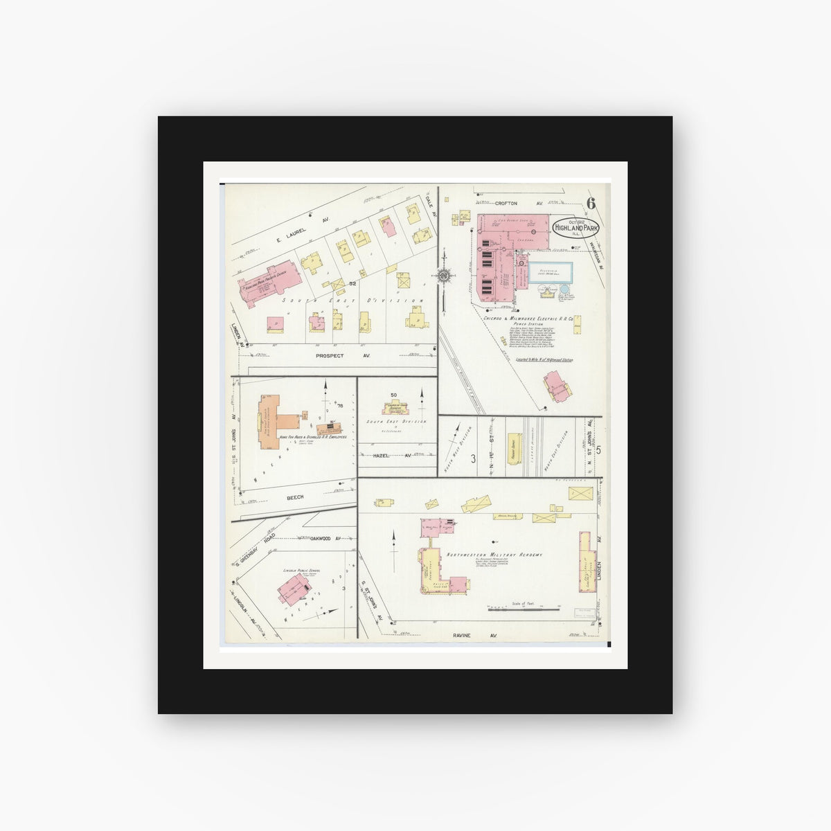 Old map wall art mockup — black gallery frame with white mat — Sanborn Fire Insurance Map from Highland Park, Lake County, Illinois (1912), Sheet #0006