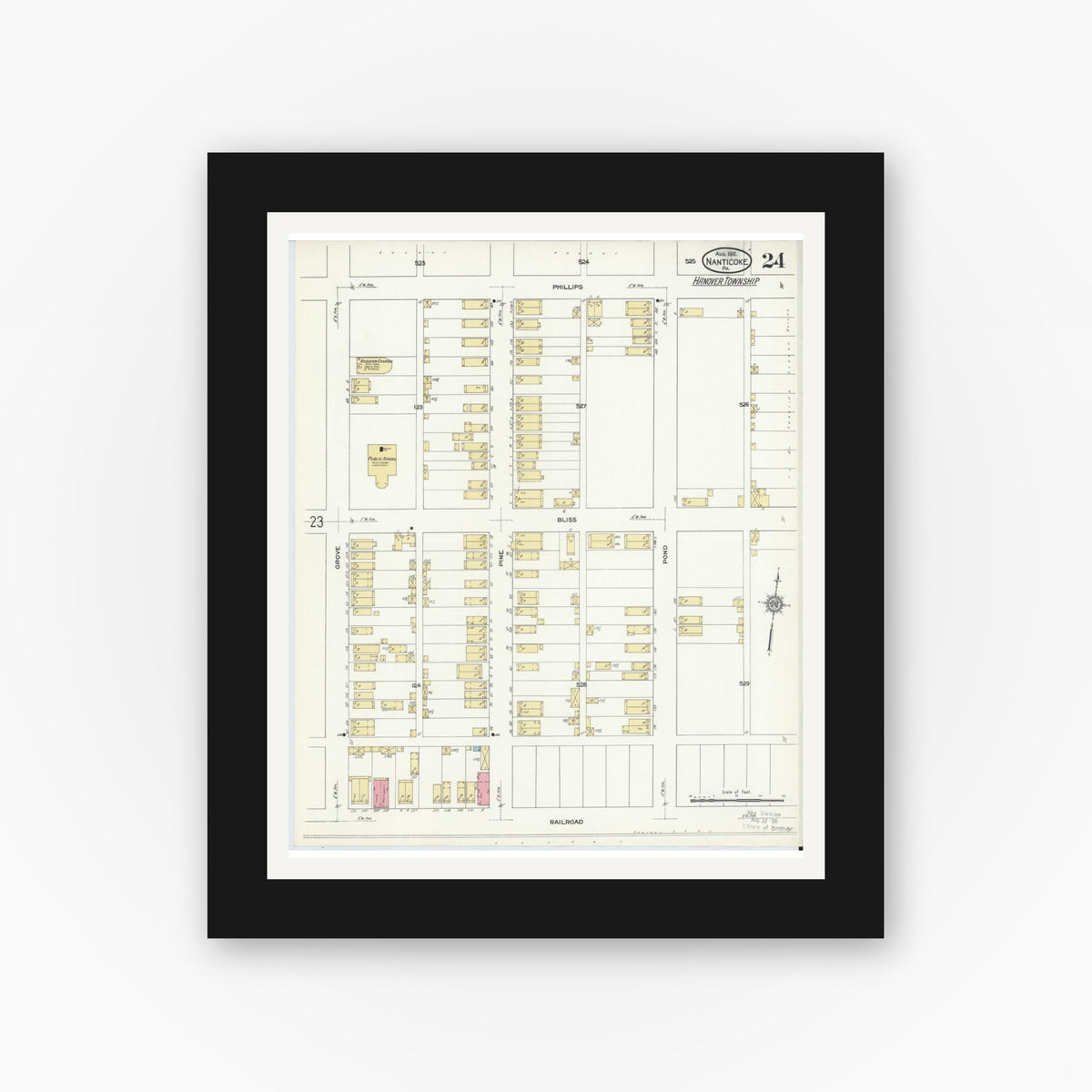 Old map wall art mockup — black gallery frame with white mat — Sanborn Fire Insurance Map from Nanticoke, Luzerne County, Pennsylvania (1912), Sheet #0024
