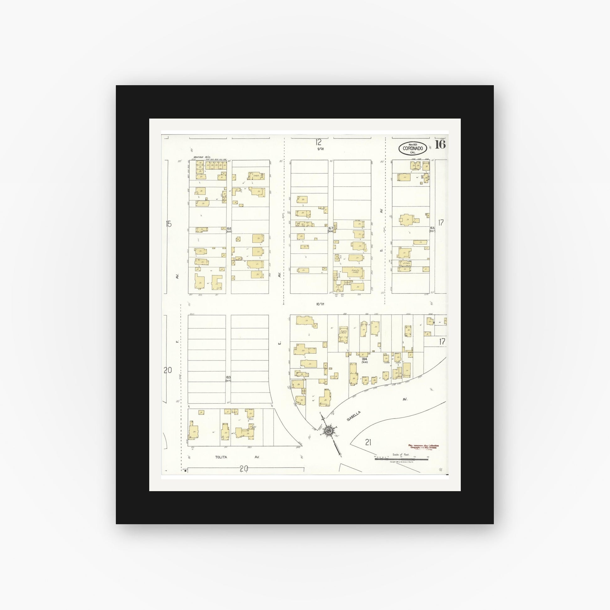 Old map wall art mockup — black gallery frame with white mat — Sanborn Fire Insurance Map from Coronado, San Diego County, California (1921), Sheet #0016