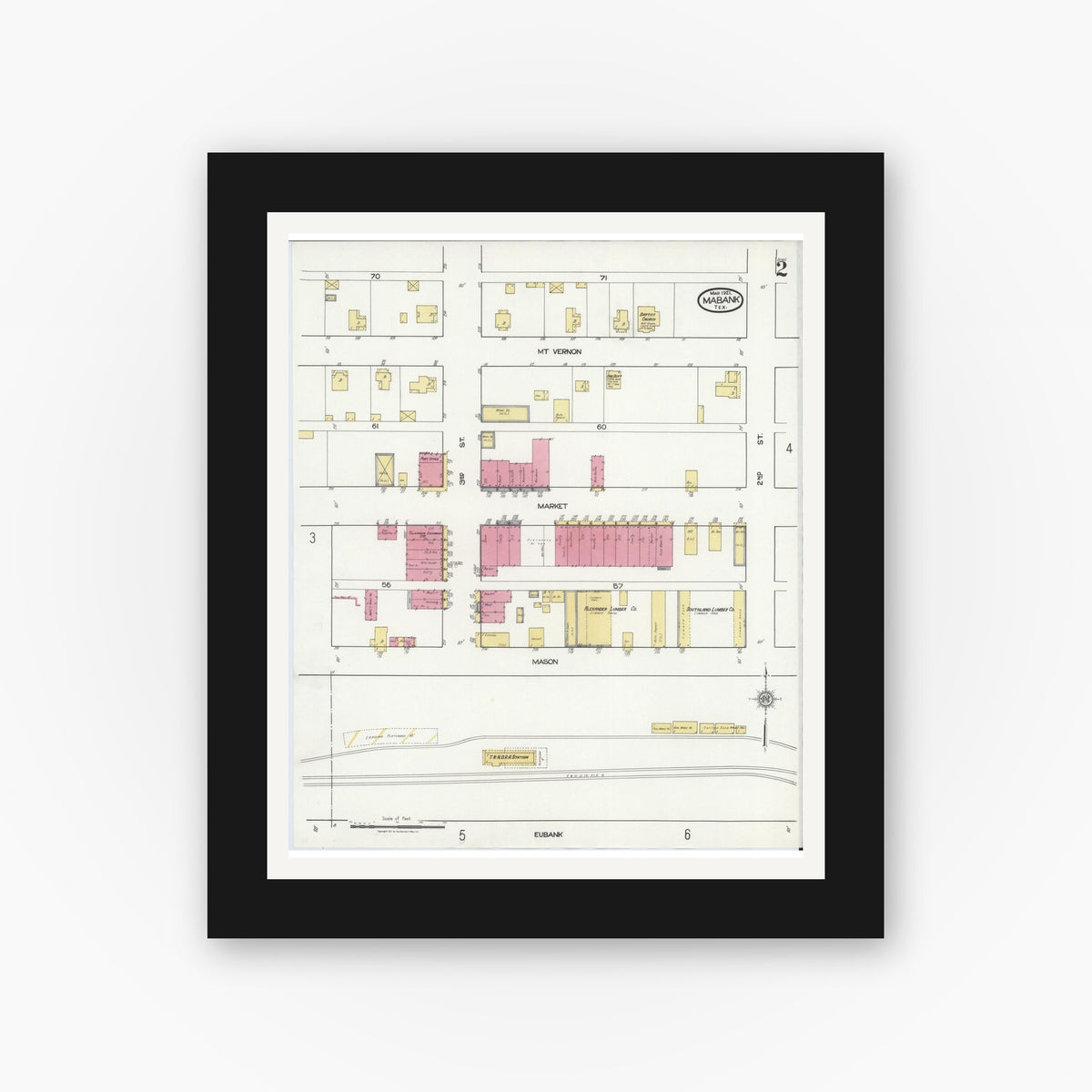 Old map wall art mockup — black gallery frame with white mat — Sanborn Fire Insurance Map from Mabank, Kaufman County, Texas (1921), Sheet #0002