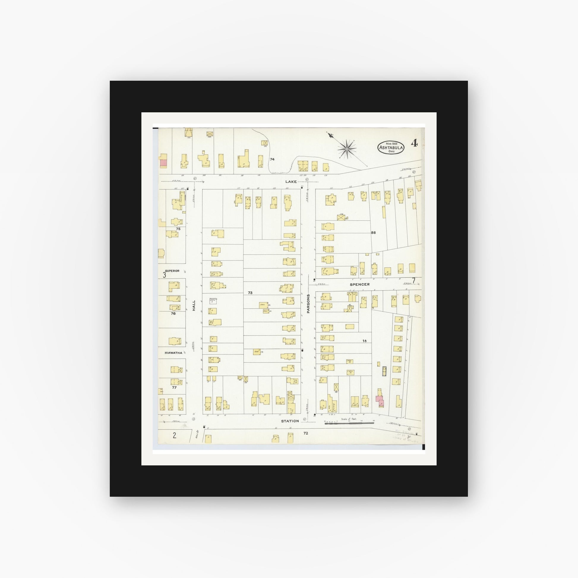 Old map wall art mockup — black gallery frame with white mat — Sanborn Fire Insurance Map from Ashtabula, Ashtabula County, Ohio (1909), Sheet #0004
