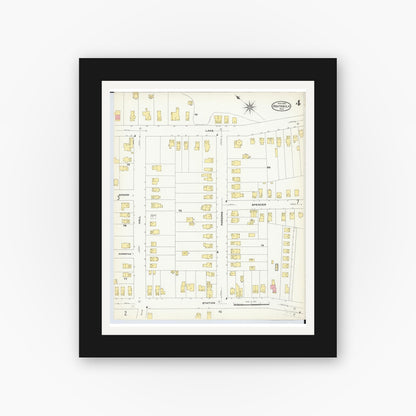 Old map wall art mockup — black gallery frame with white mat — Sanborn Fire Insurance Map from Ashtabula, Ashtabula County, Ohio (1909), Sheet #0004