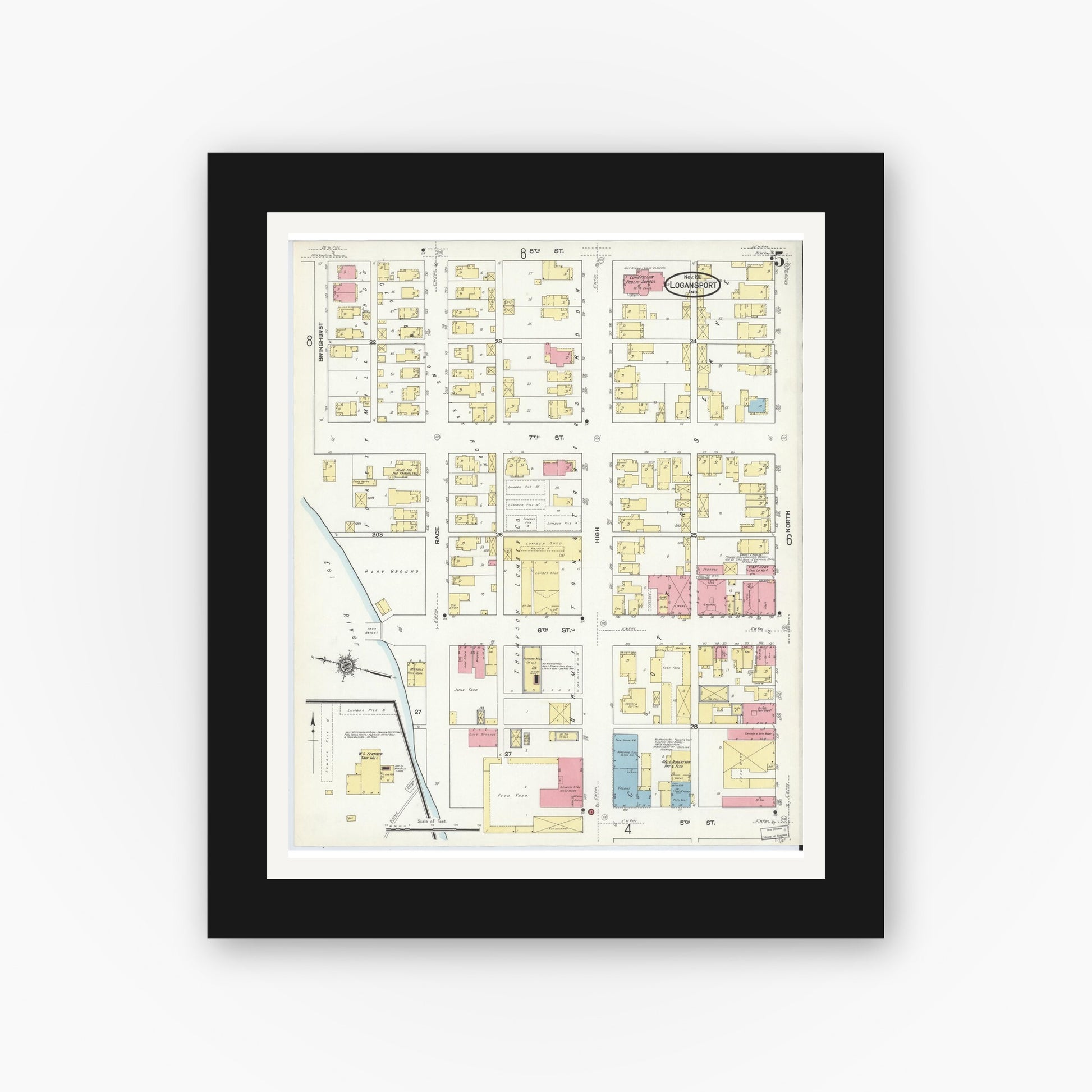 Old map wall art mockup — black gallery frame with white mat — Sanborn Fire Insurance Map from Logansport, Cass County, Indiana (1911), Sheet #0005