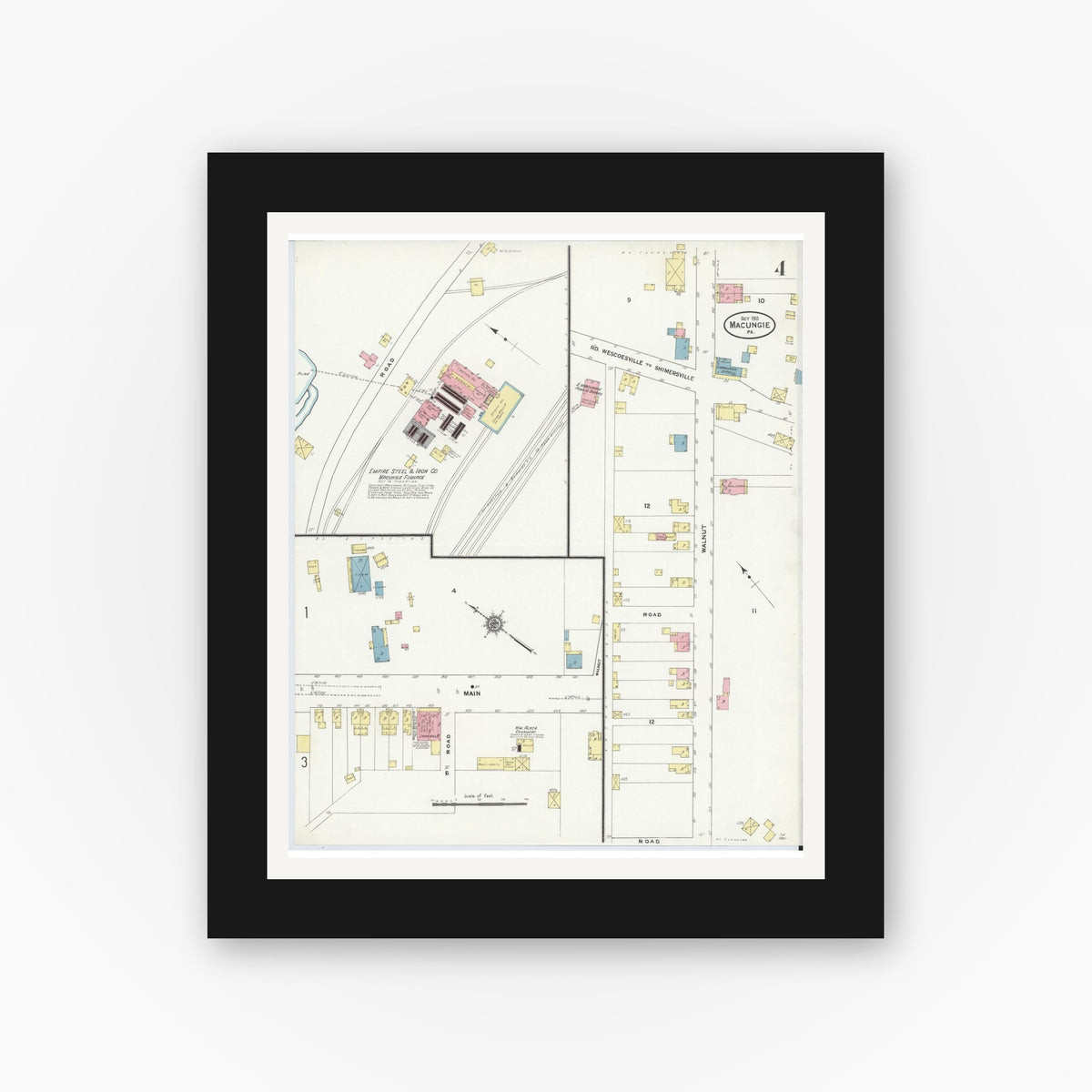 Old map wall art mockup — black gallery frame with white mat — Sanborn Fire Insurance Map from Macungie, Lehigh County, Pennsylvania (1911), Sheet #0004