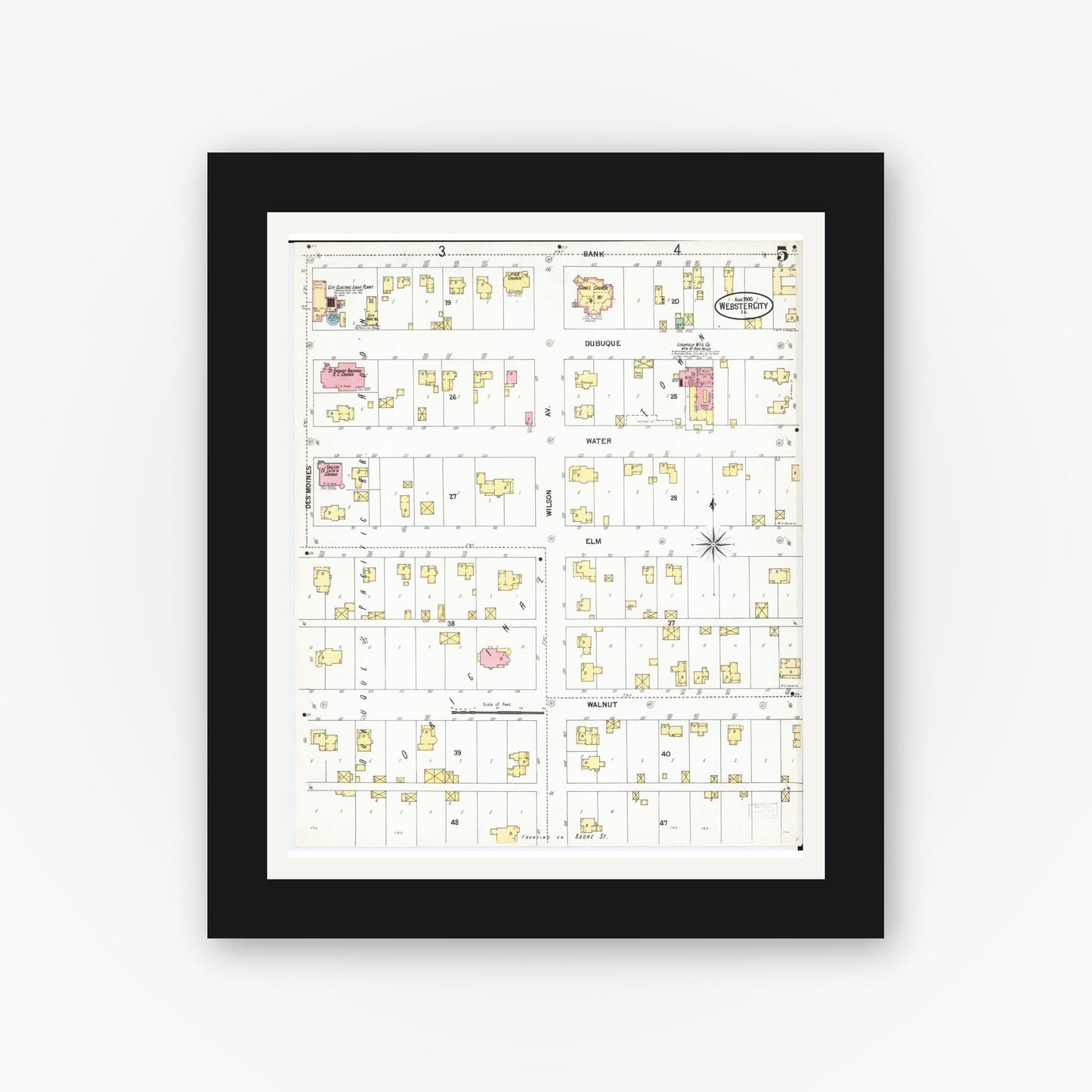 Old map wall art mockup — black gallery frame with white mat — Sanborn Fire Insurance Map from Webster City, Hamilton County, Iowa (1900), Sheet #0005