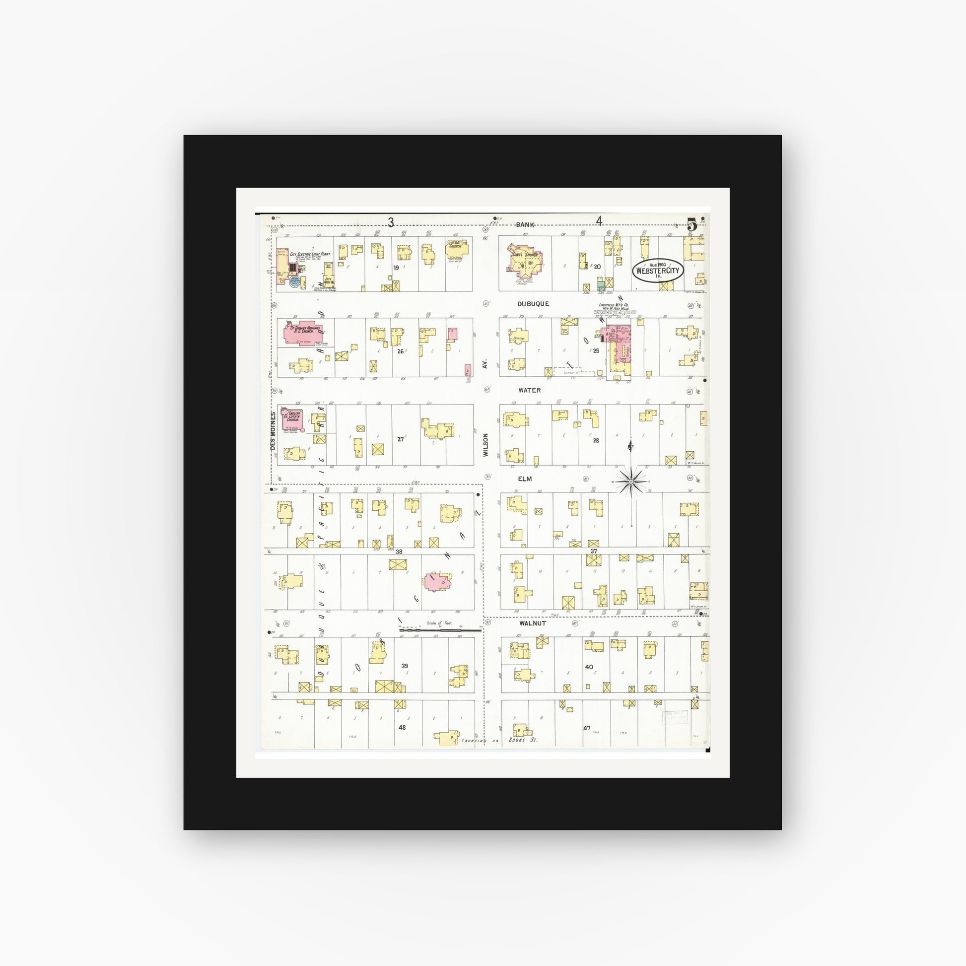 Old map wall art mockup — black gallery frame with white mat — Sanborn Fire Insurance Map from Webster City, Hamilton County, Iowa (1900), Sheet #0005