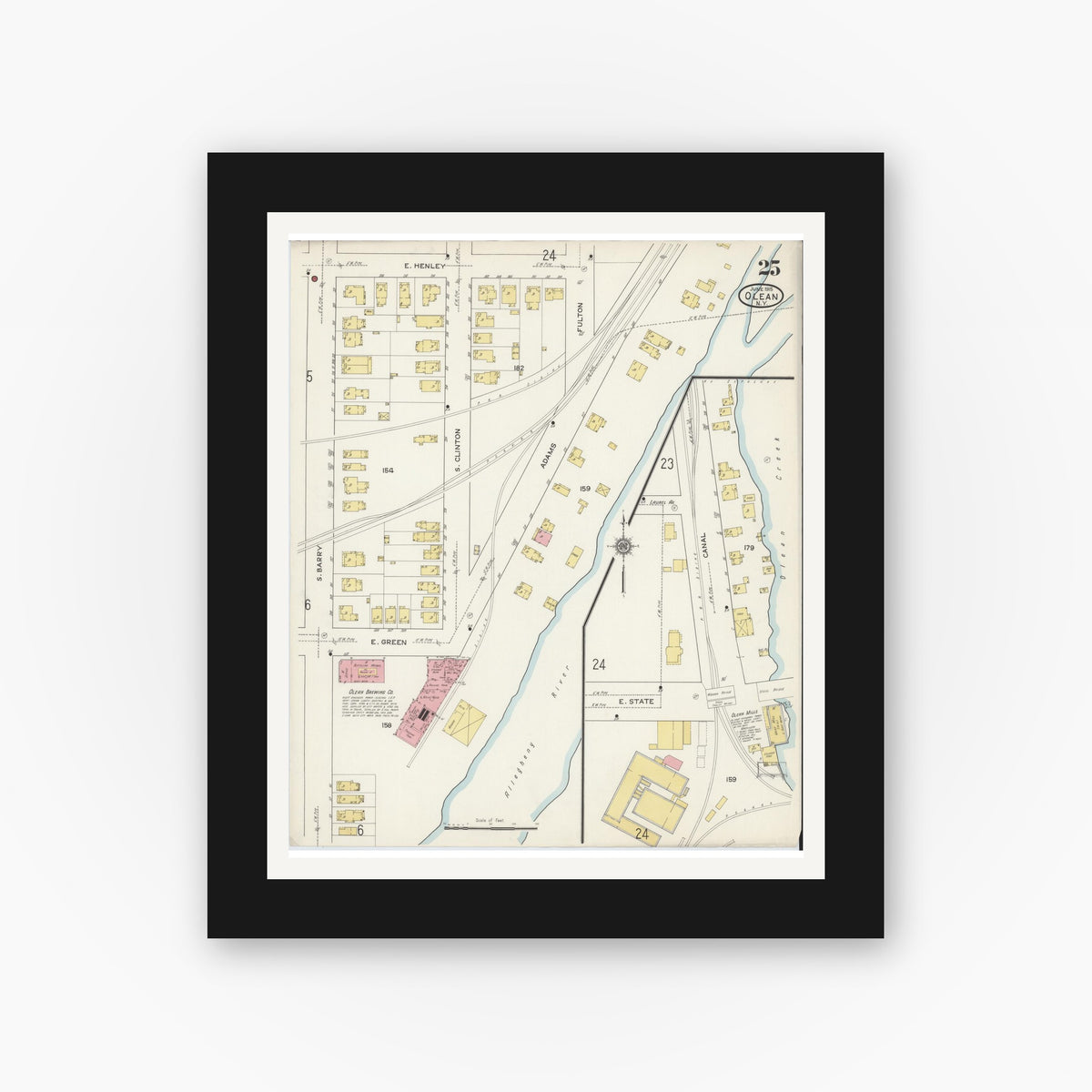 Old map wall art mockup — black gallery frame with white mat — Sanborn Fire Insurance Map from Olean, Cattaraugus County, New York (1915), Sheet #0025